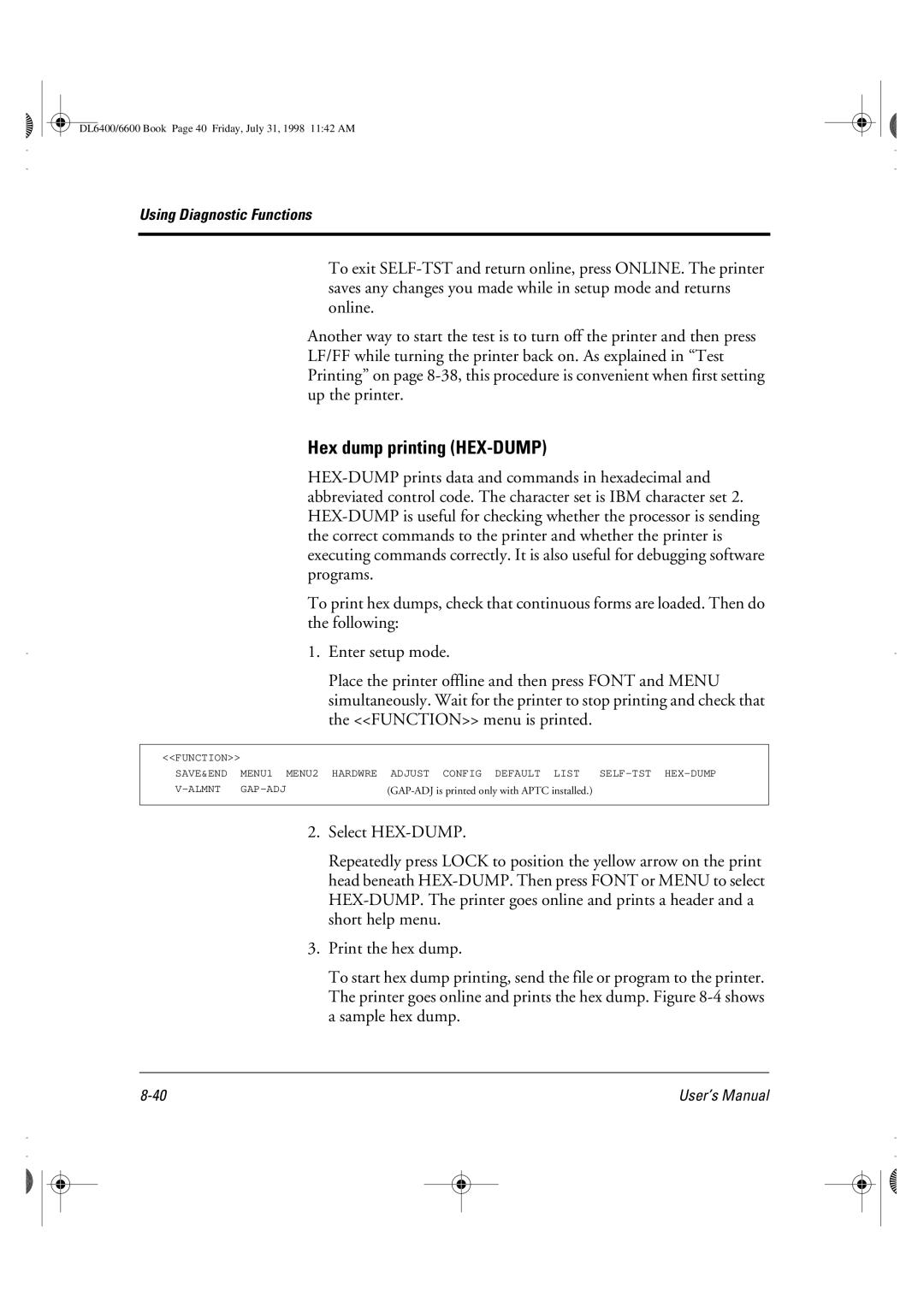 Fujitsu DL6400 manual Hex dump printing HEX-DUMP 