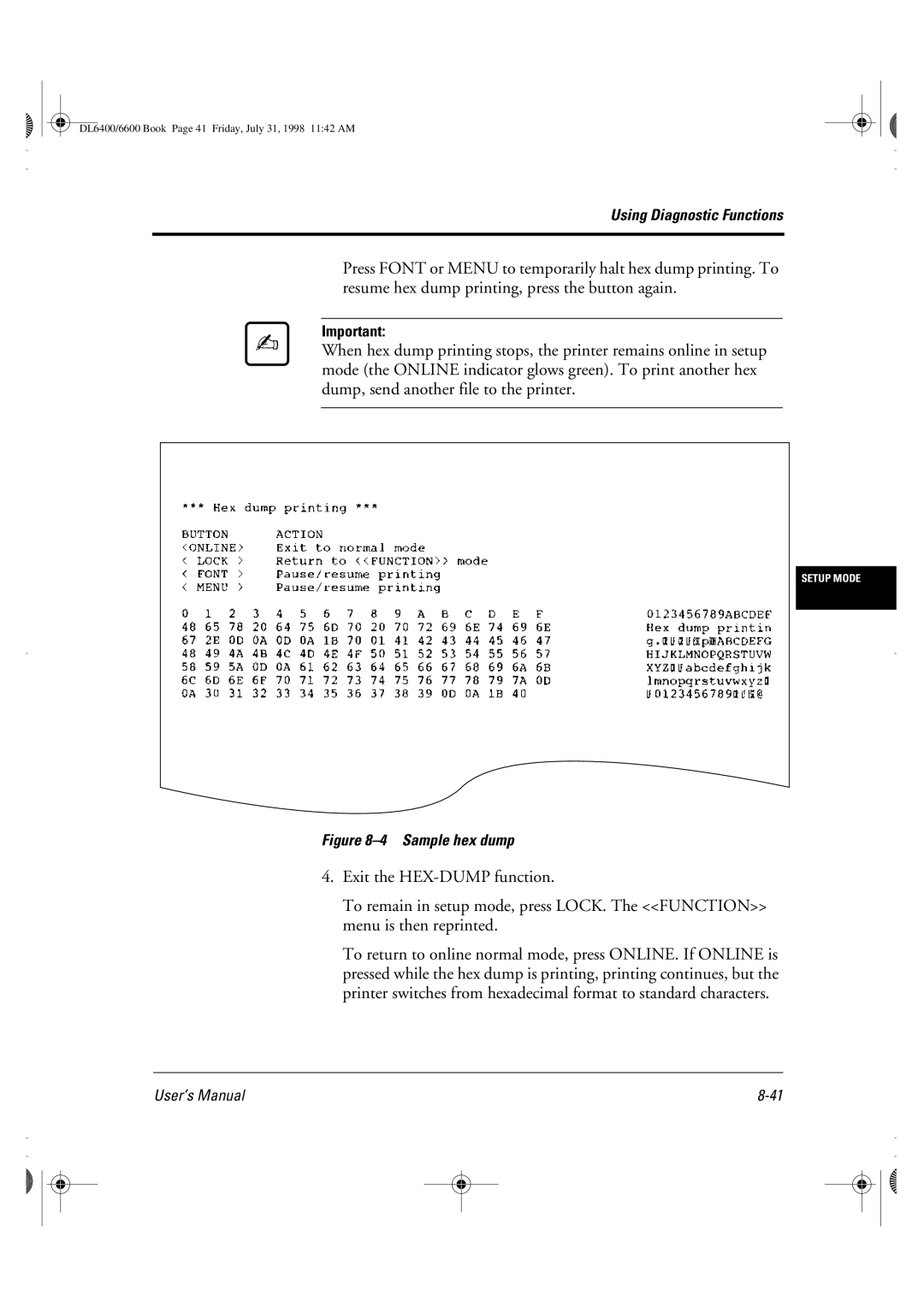 Fujitsu DL6400 manual Sample hex dump 