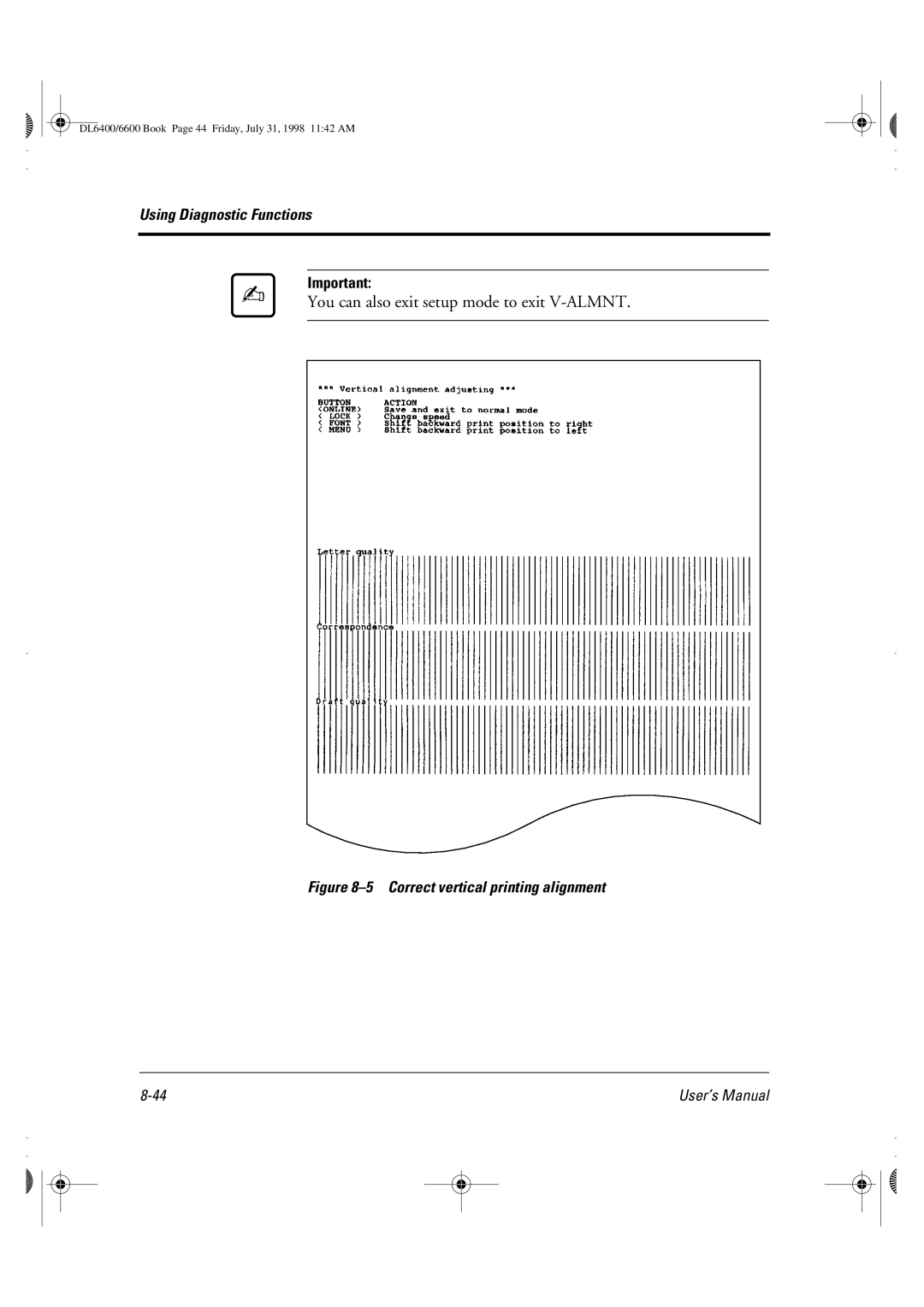 Fujitsu DL6400 manual You can also exit setup mode to exit V-ALMNT, Correct vertical printing alignment 