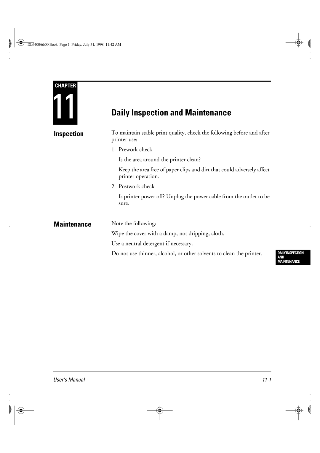 Fujitsu DL6400 manual Daily Inspection and Maintenance 