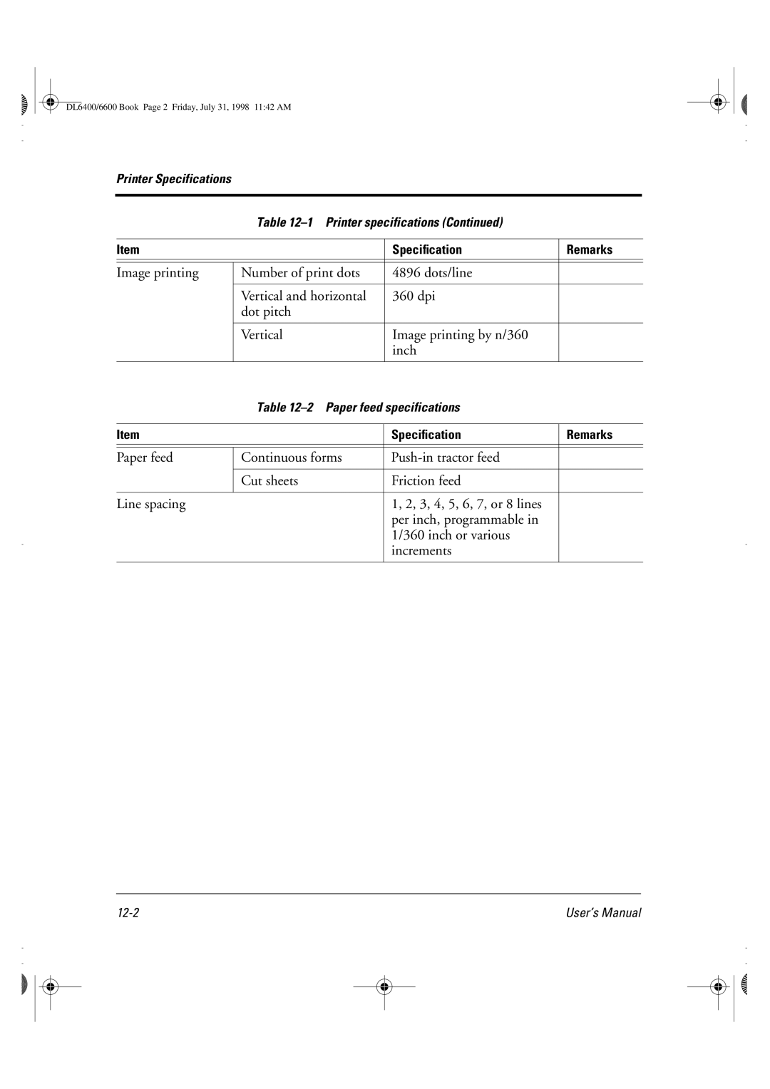 Fujitsu DL6400 manual Printer Specifications Printer specifications 