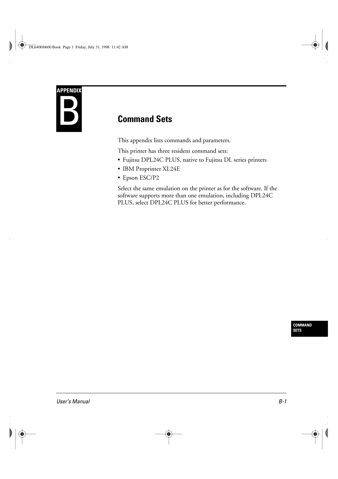 Fujitsu DL6400 manual Command Sets 