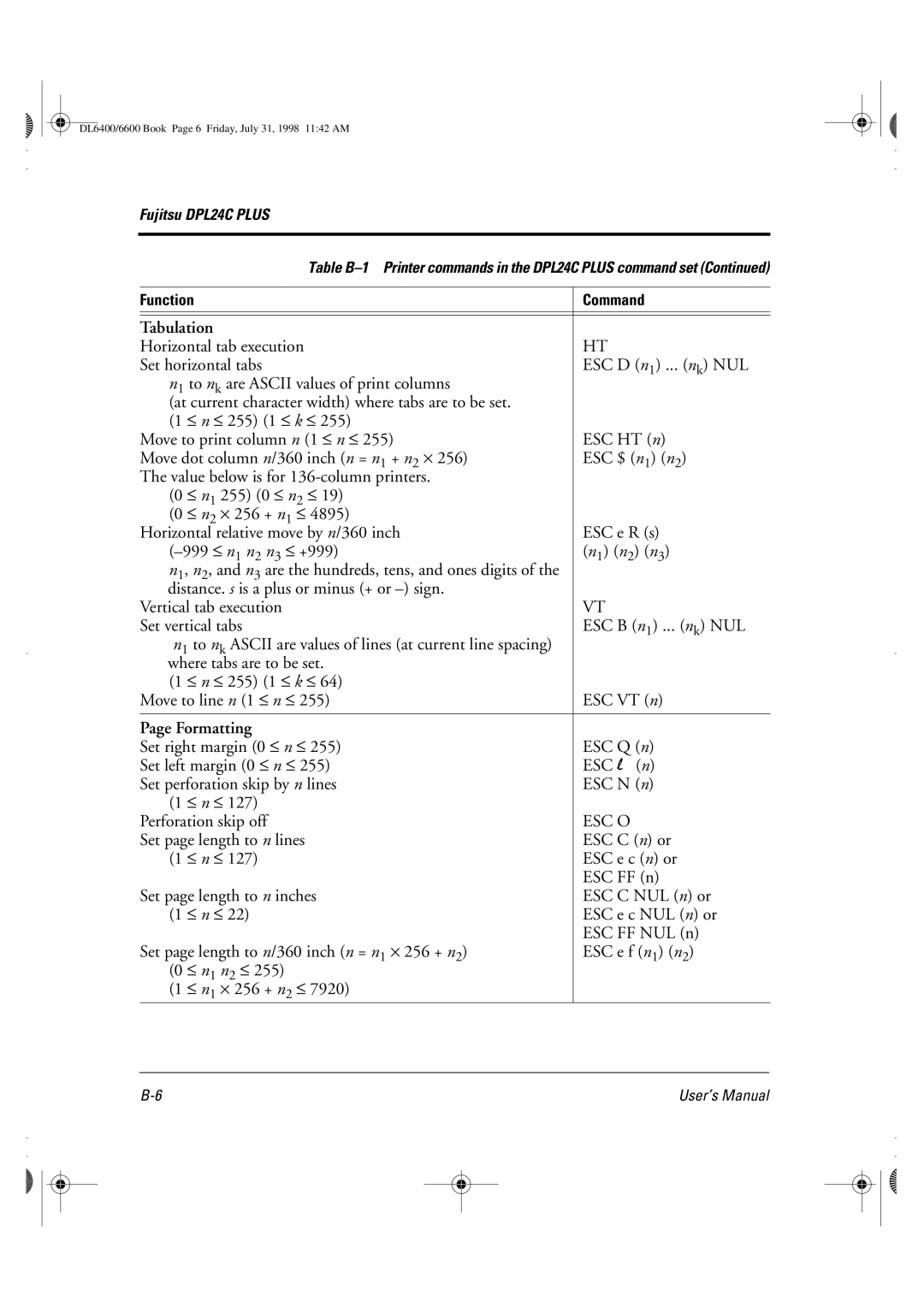 Fujitsu DL6400 manual Horizontal tab execution, Esc O 