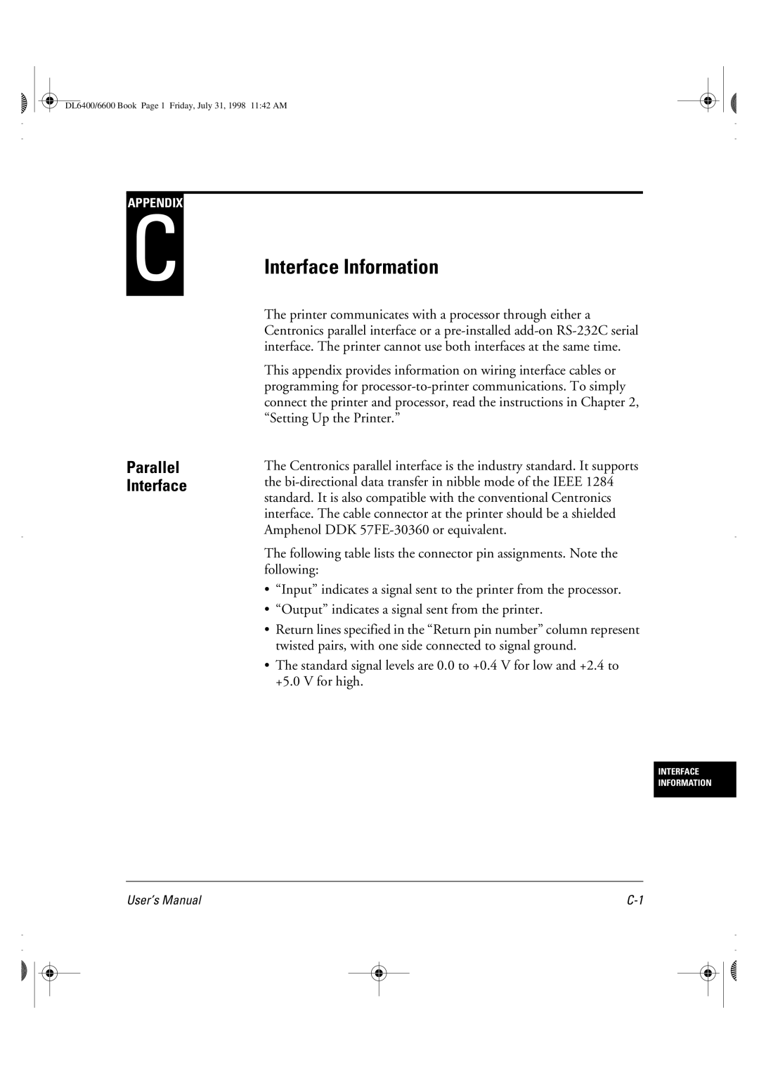 Fujitsu DL6400 manual Interface Information, Parallel Interface 