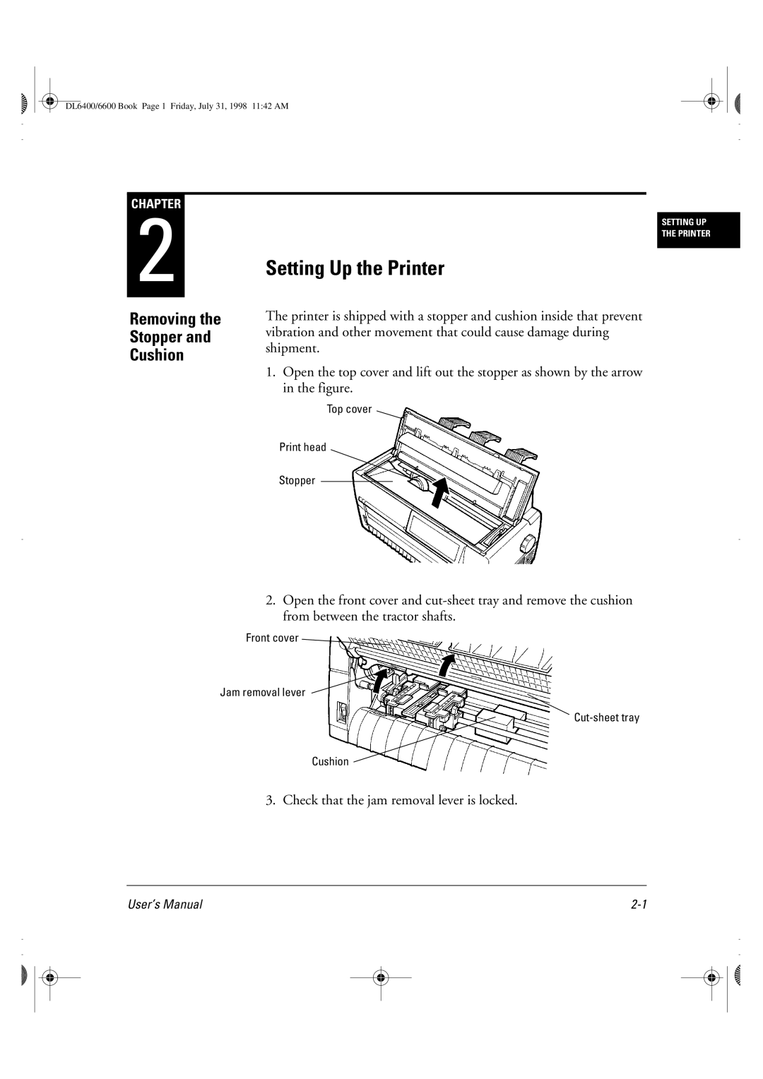 Fujitsu DL6400 manual Setting Up the Printer, Removing Stopper Cushion, Check that the jam removal lever is locked 