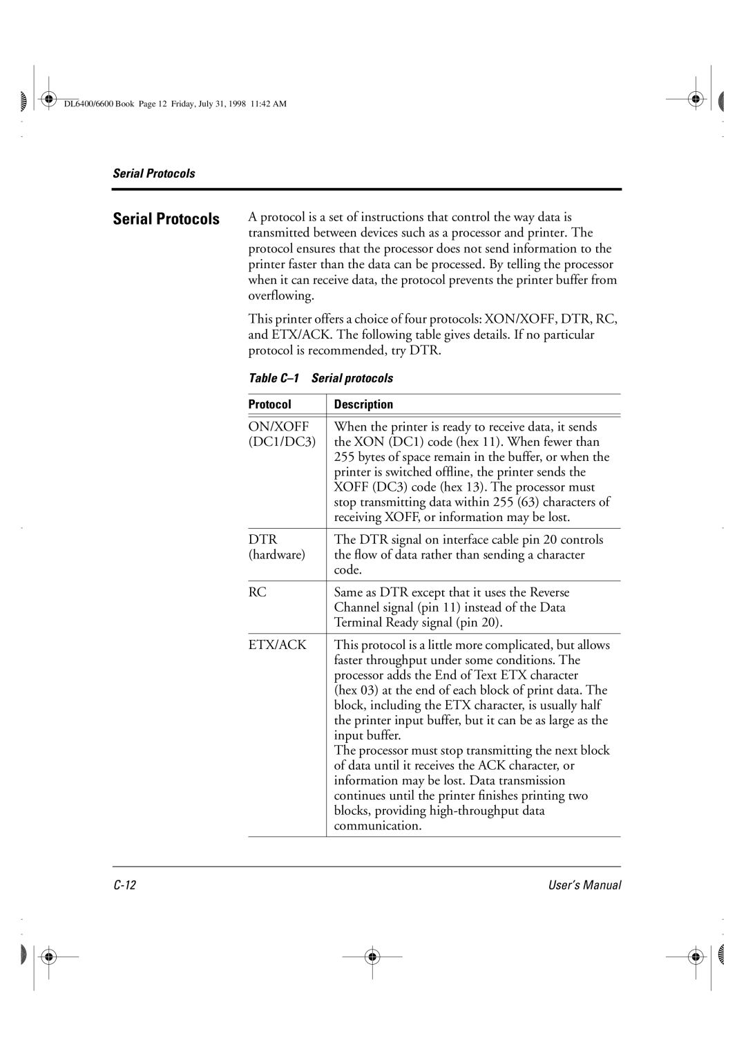 Fujitsu DL6400 manual Serial Protocols, On/Xoff, Etx/Ack 