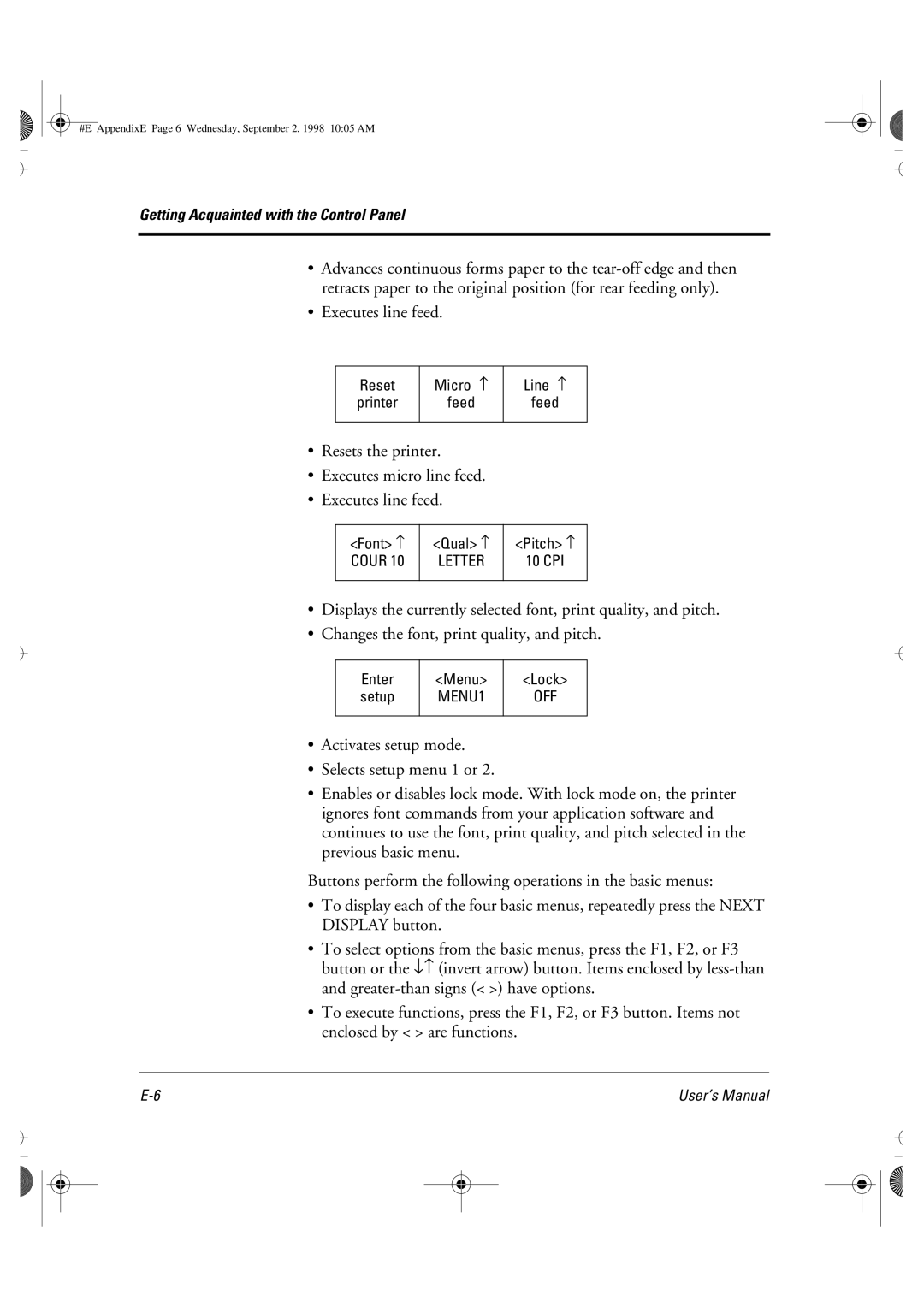 Fujitsu DL6400 manual Executes line feed, Changes the font, print quality, and pitch 