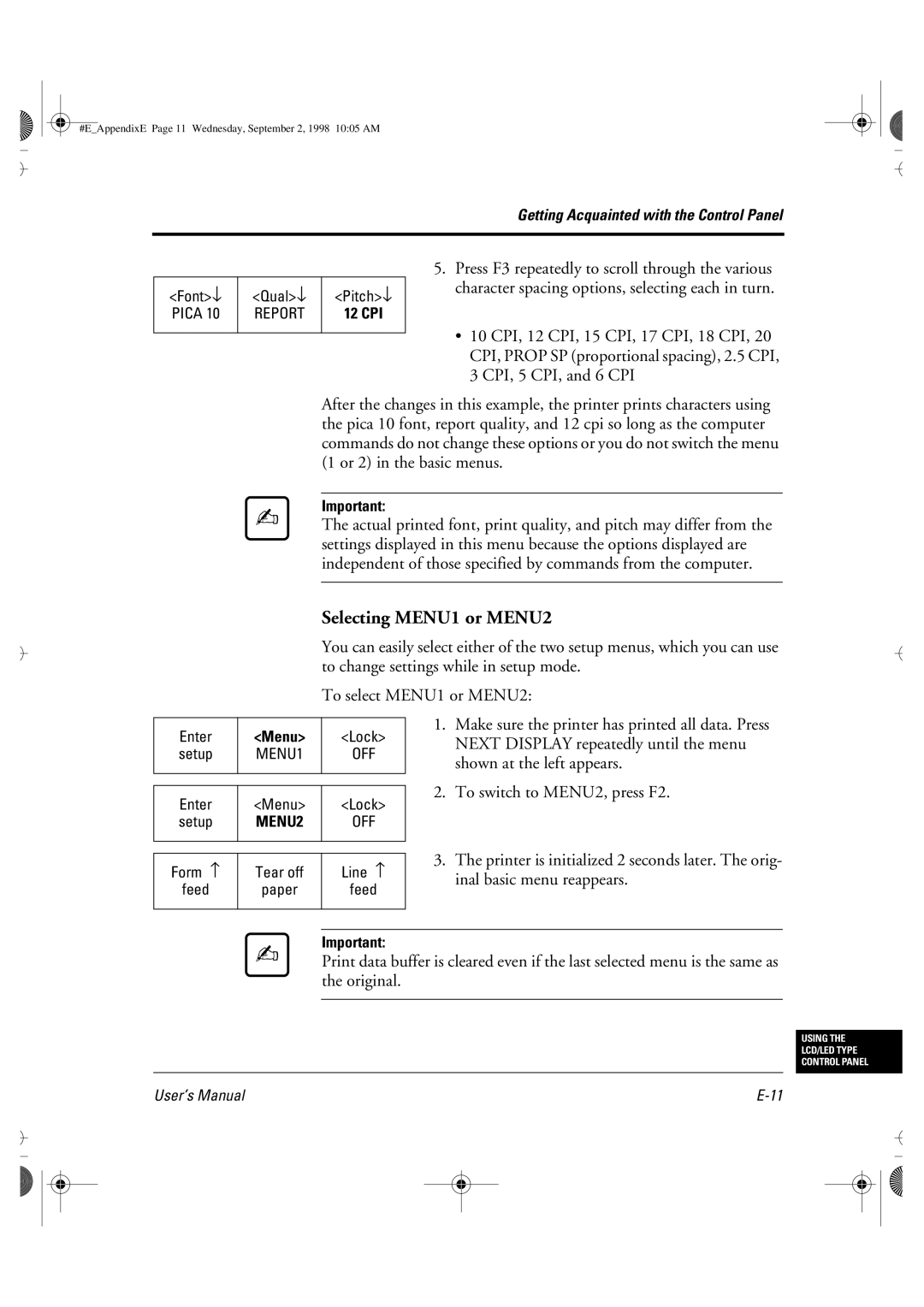 Fujitsu DL6400 manual Selecting MENU1 or MENU2 