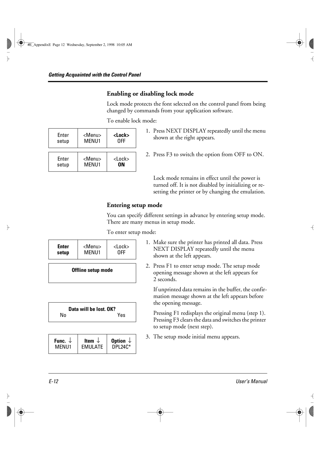 Fujitsu DL6400 manual Enabling or disabling lock mode, Entering setup mode, Setup mode initial menu appears 