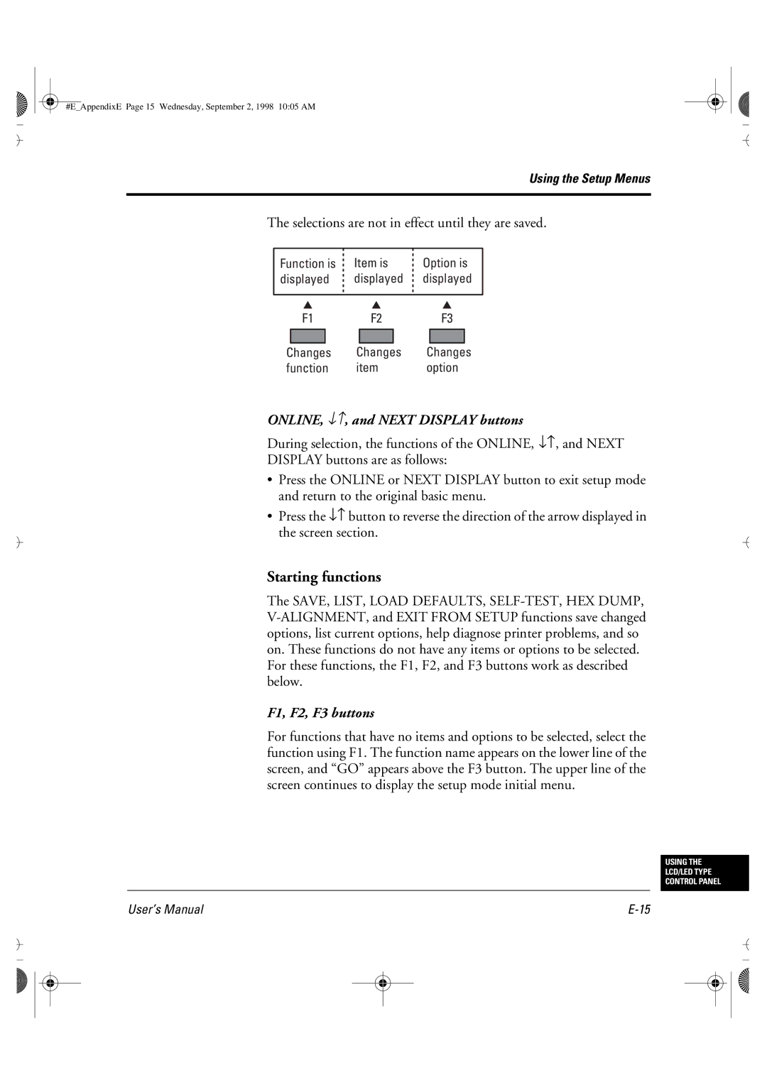 Fujitsu DL6400 manual Starting functions, Selections are not in effect until they are saved 