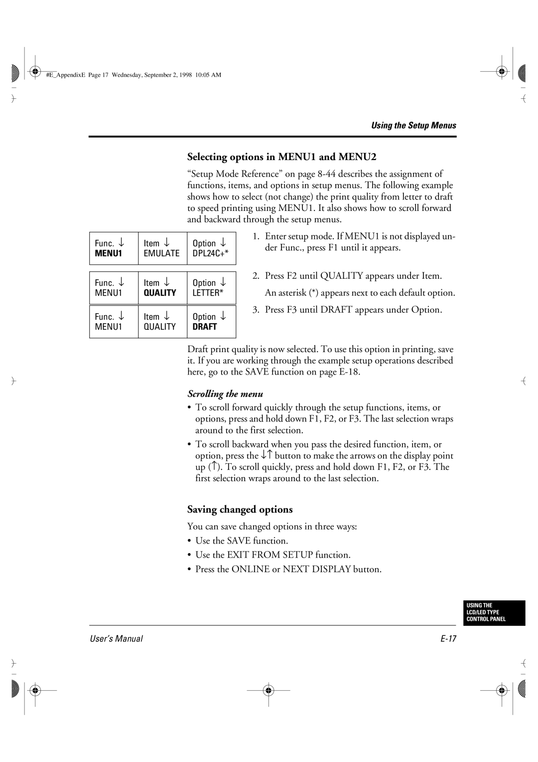 Fujitsu DL6400 manual Selecting options in MENU1 and MENU2, Saving changed options 