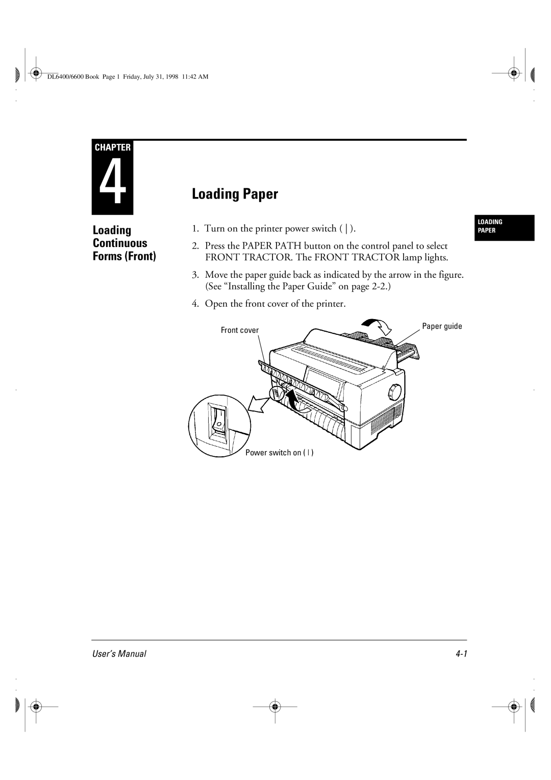 Fujitsu DL6400 manual Loading Paper, Loading Continuous Forms Front, Turn on the printer power switch 