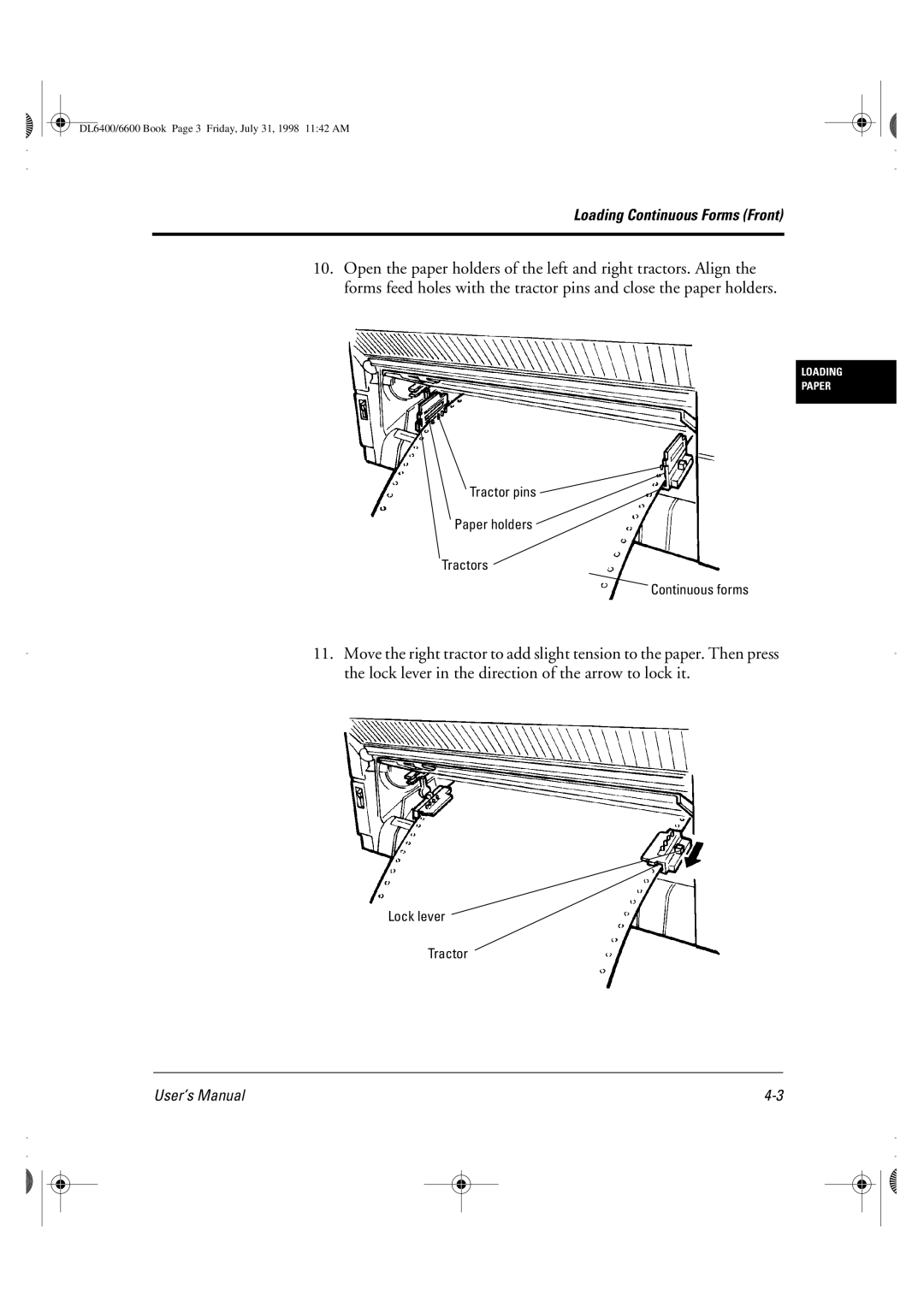 Fujitsu DL6400 manual Tractor pins Paper holders Tractors Continuous forms 