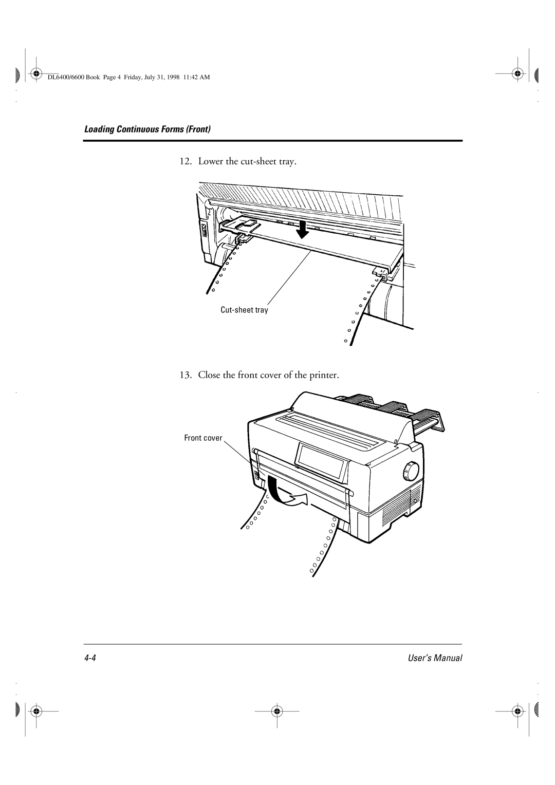 Fujitsu DL6400 manual Lower the cut-sheet tray, Close the front cover of the printer 