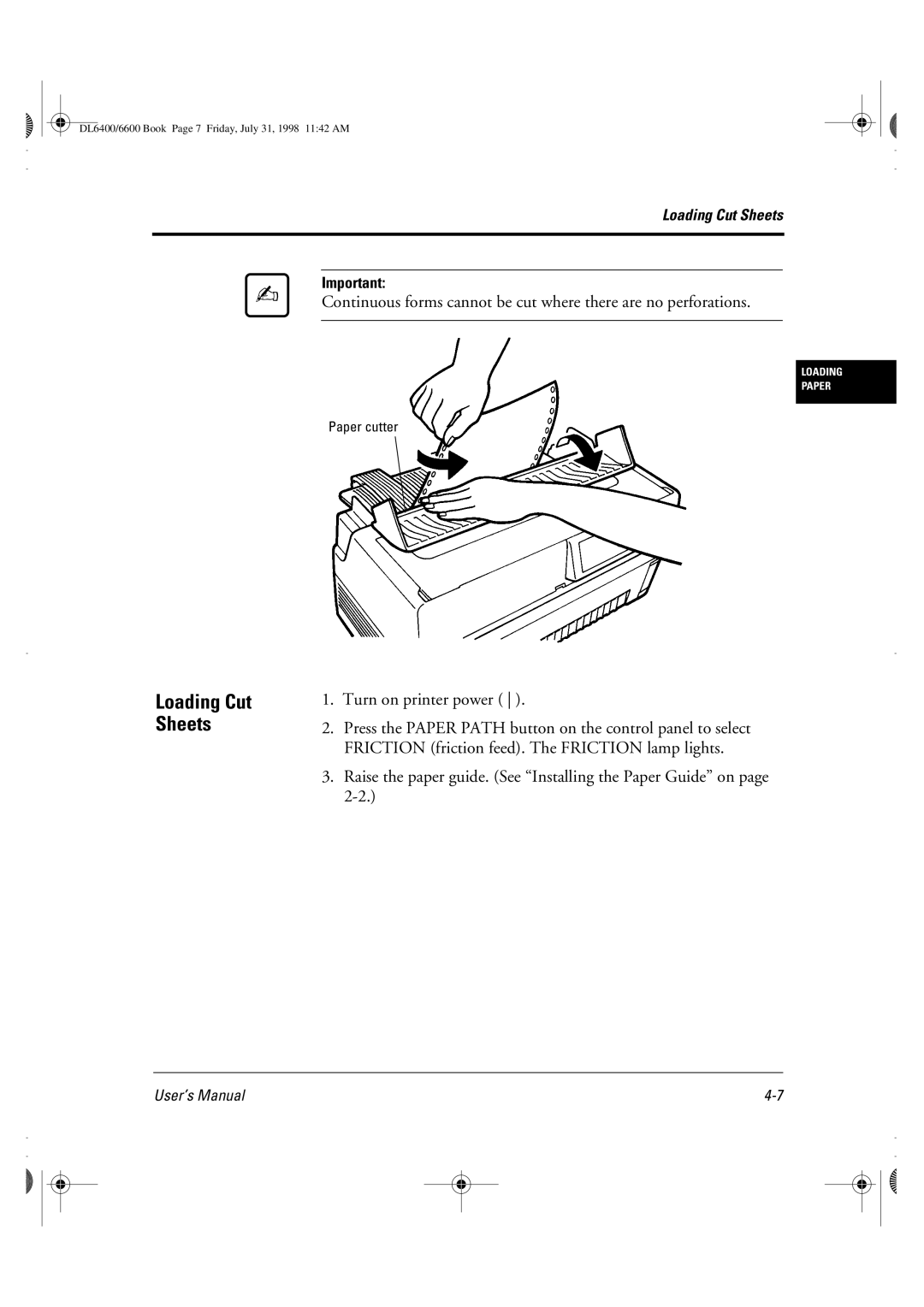 Fujitsu DL6400 manual Loading Cut Sheets, Turn on printer power, Raise the paper guide. See Installing the Paper Guide on 