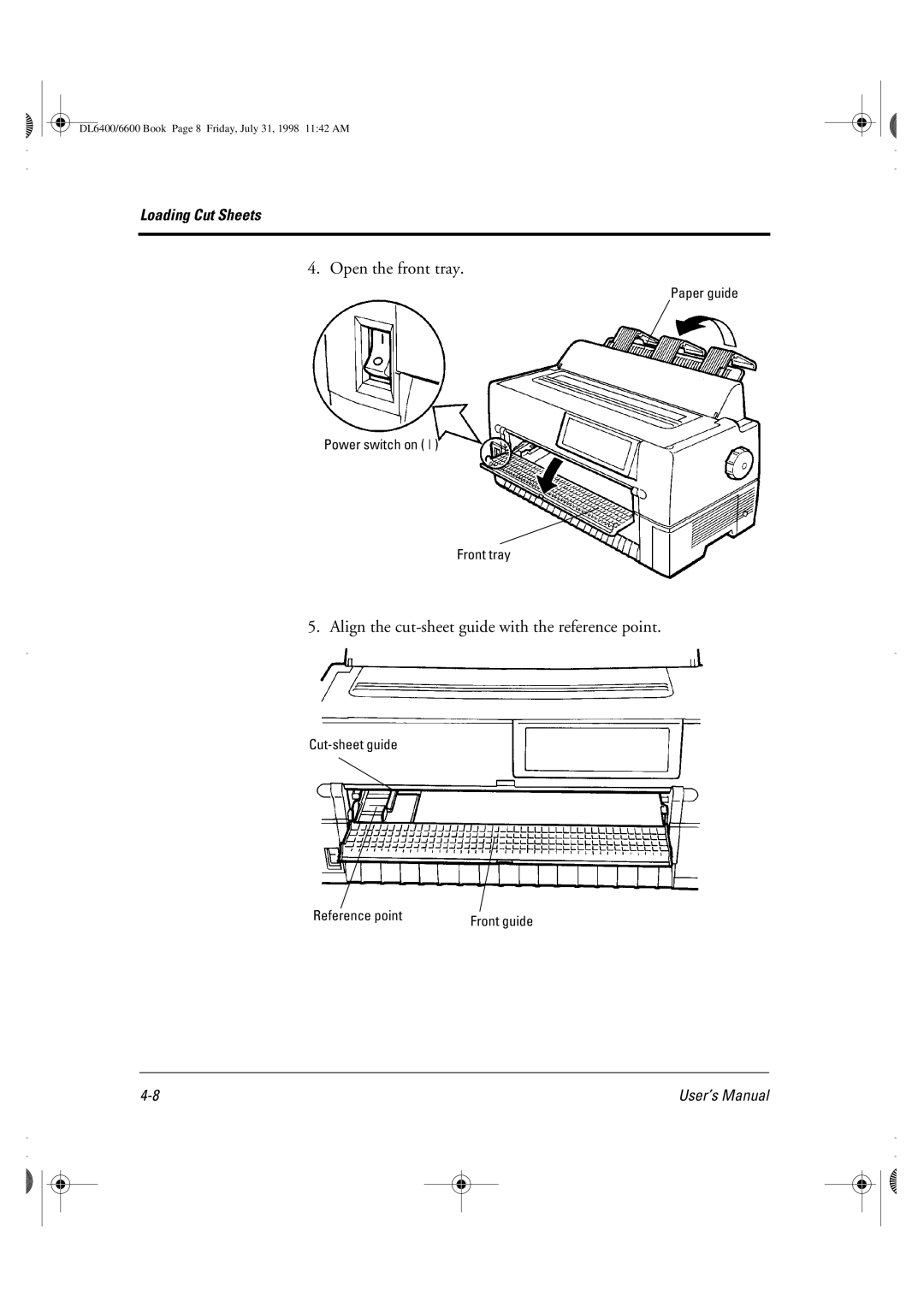 Fujitsu DL6400 manual Open the front tray, Align the cut-sheet guide with the reference point 