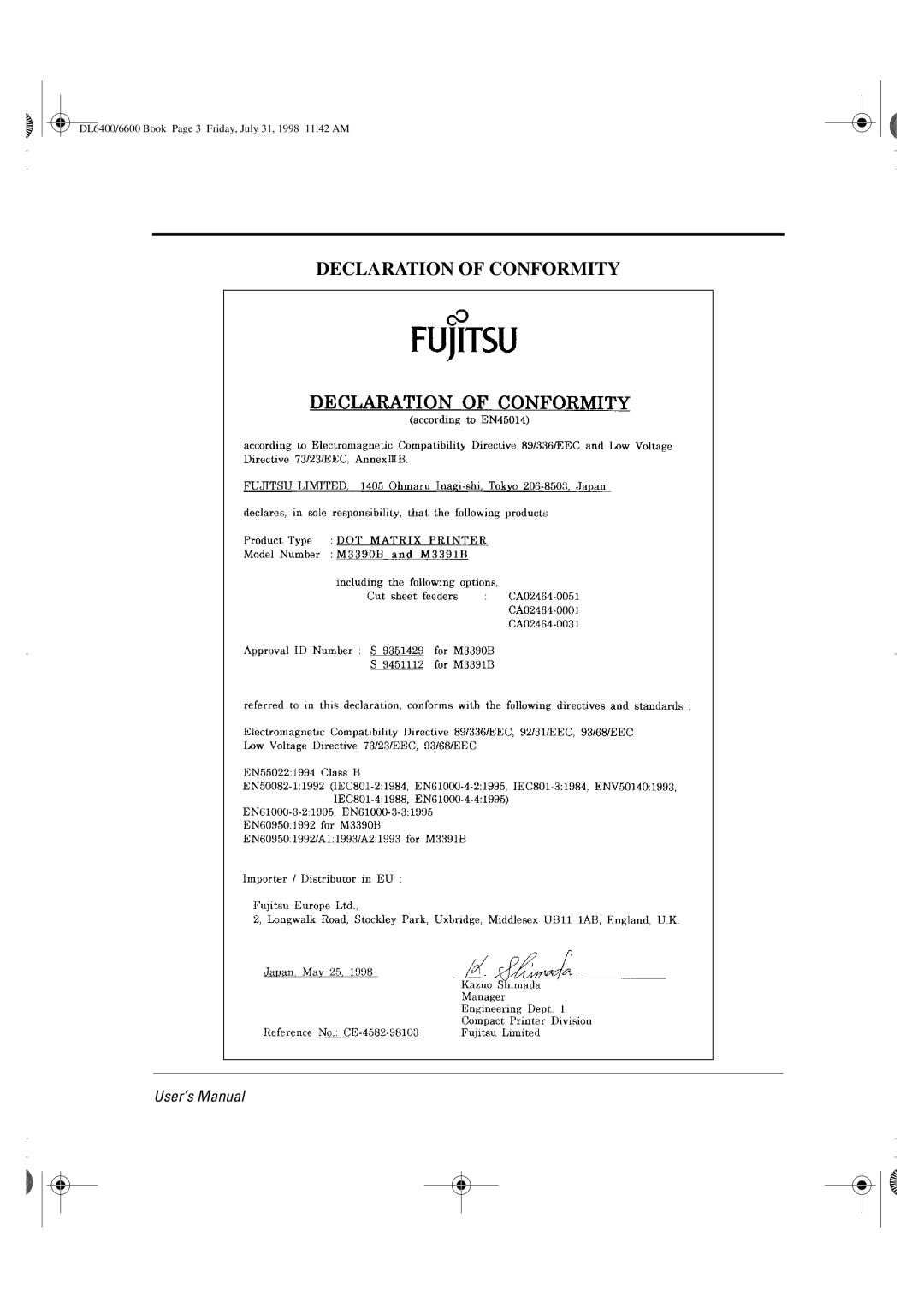 Fujitsu DL6400 manual Declaration of Conformity 