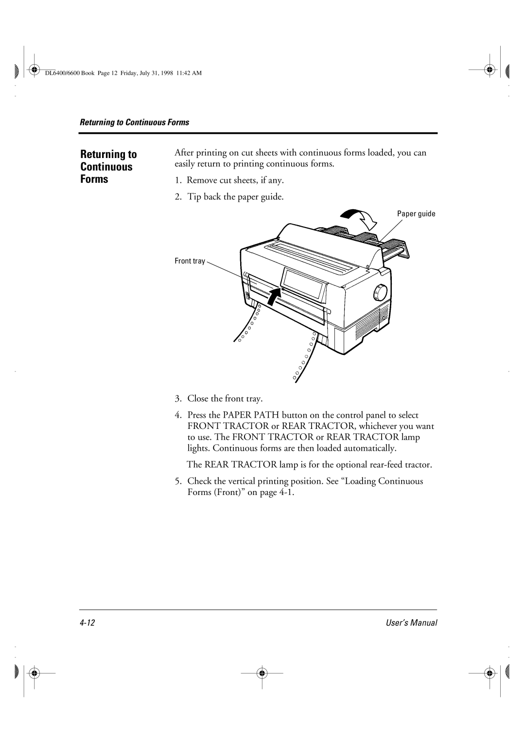 Fujitsu DL6400 manual Returning to Continuous Forms 