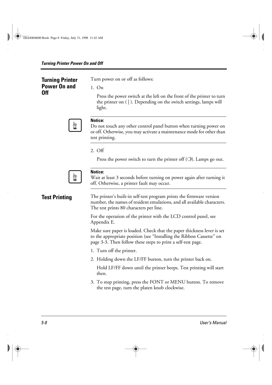 Fujitsu DL6400 manual Turning Printer Power On Off Test Printing 