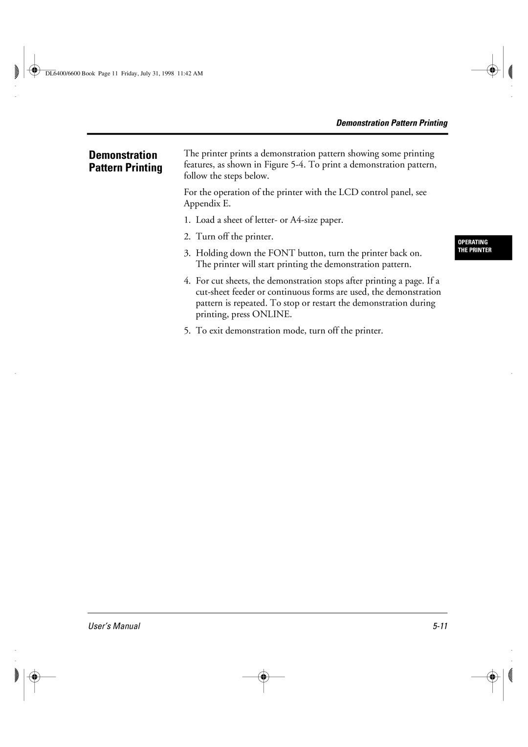 Fujitsu DL6400 manual Demonstration Pattern Printing 