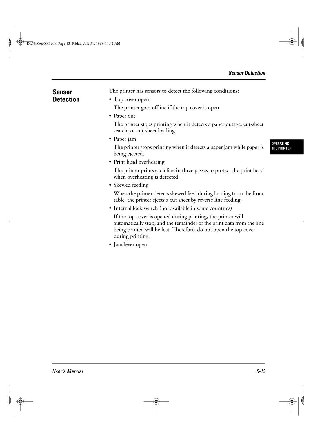 Fujitsu DL6400 manual Sensor Detection 