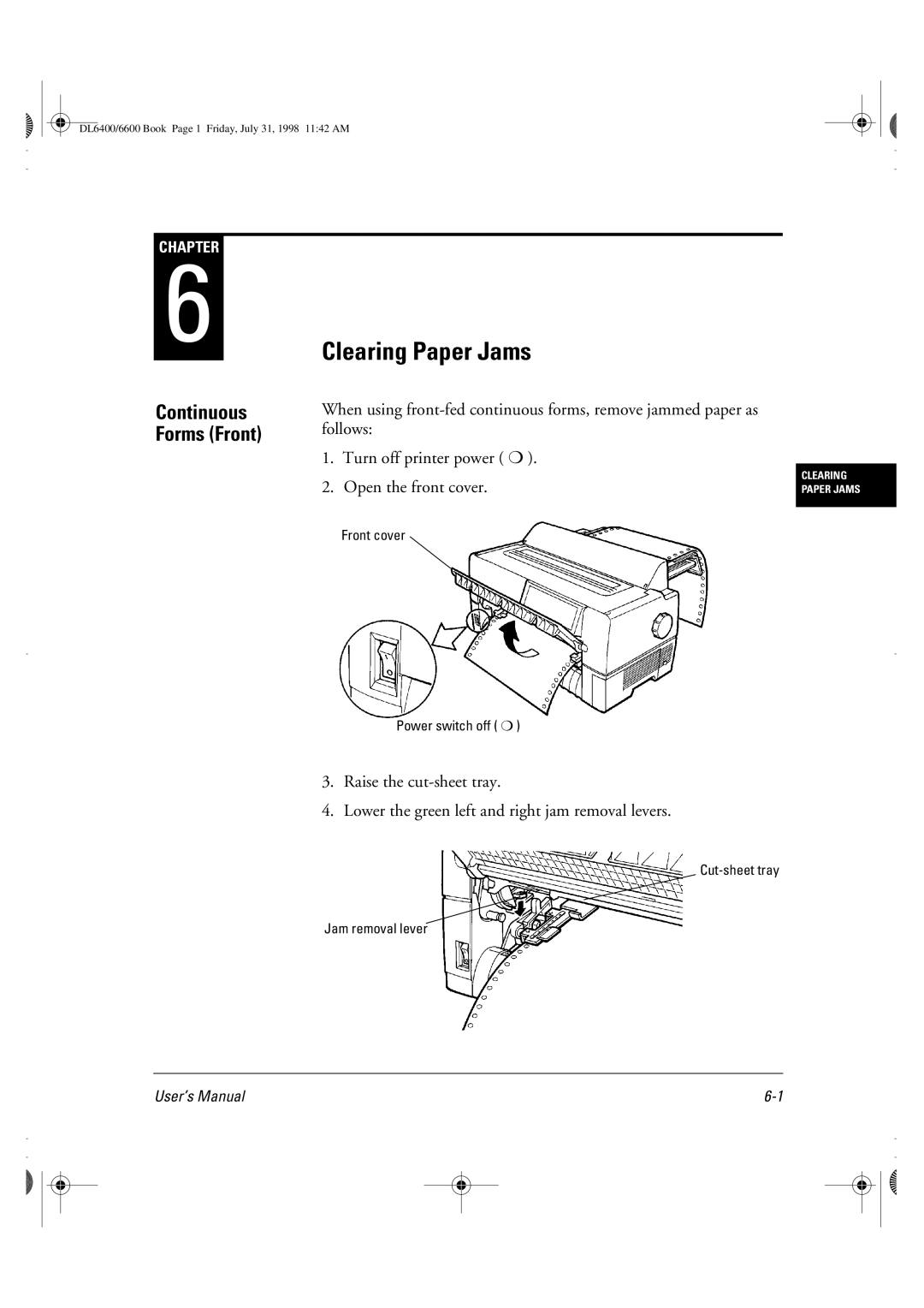 Fujitsu DL6400 manual Clearing Paper Jams 