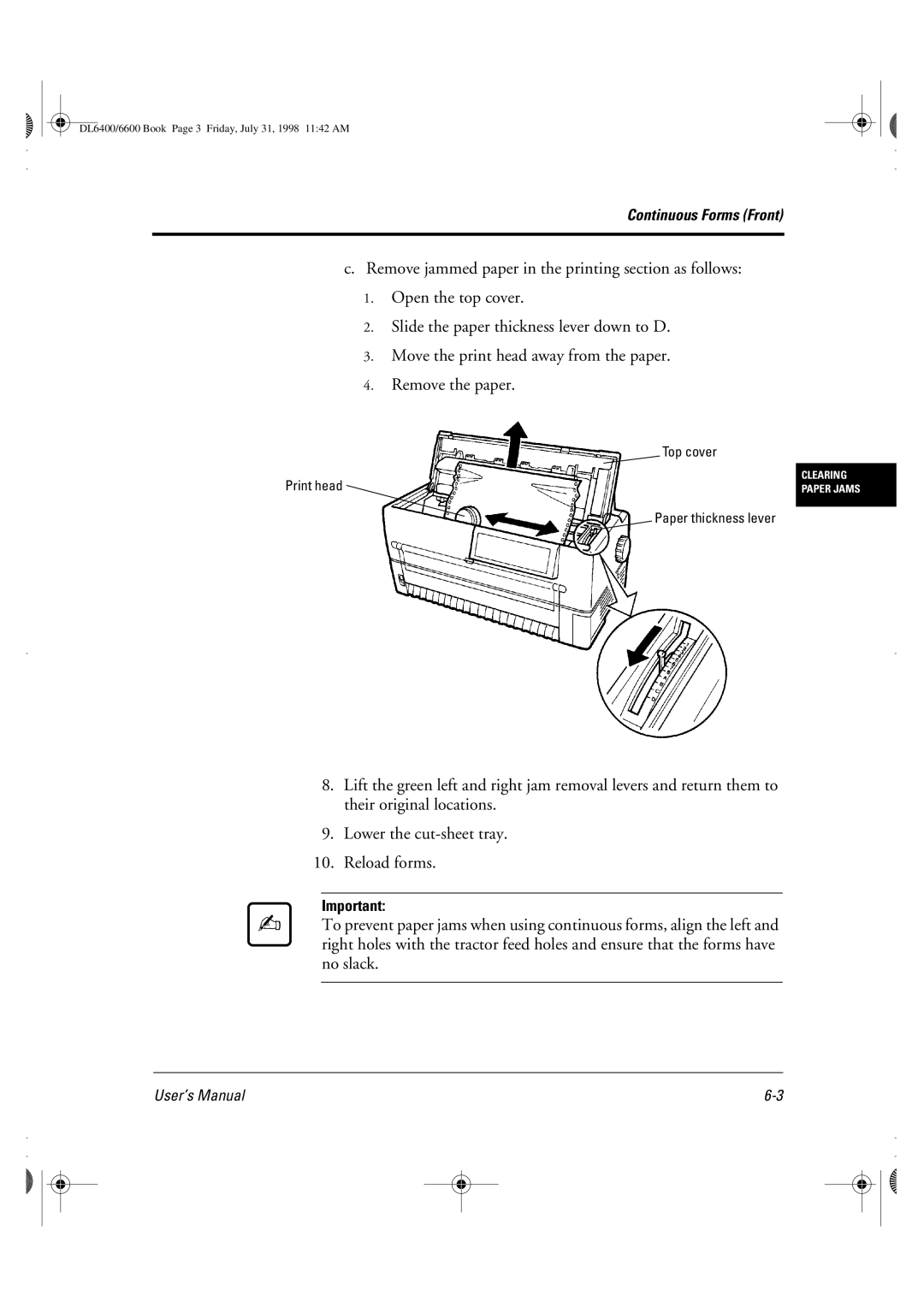 Fujitsu DL6400 manual Top cover Print head Paper thickness lever 