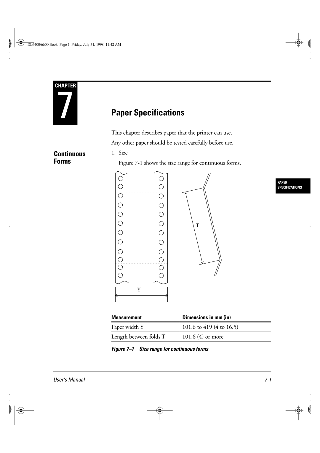 Fujitsu DL6400 manual Paper Specifications, Size 