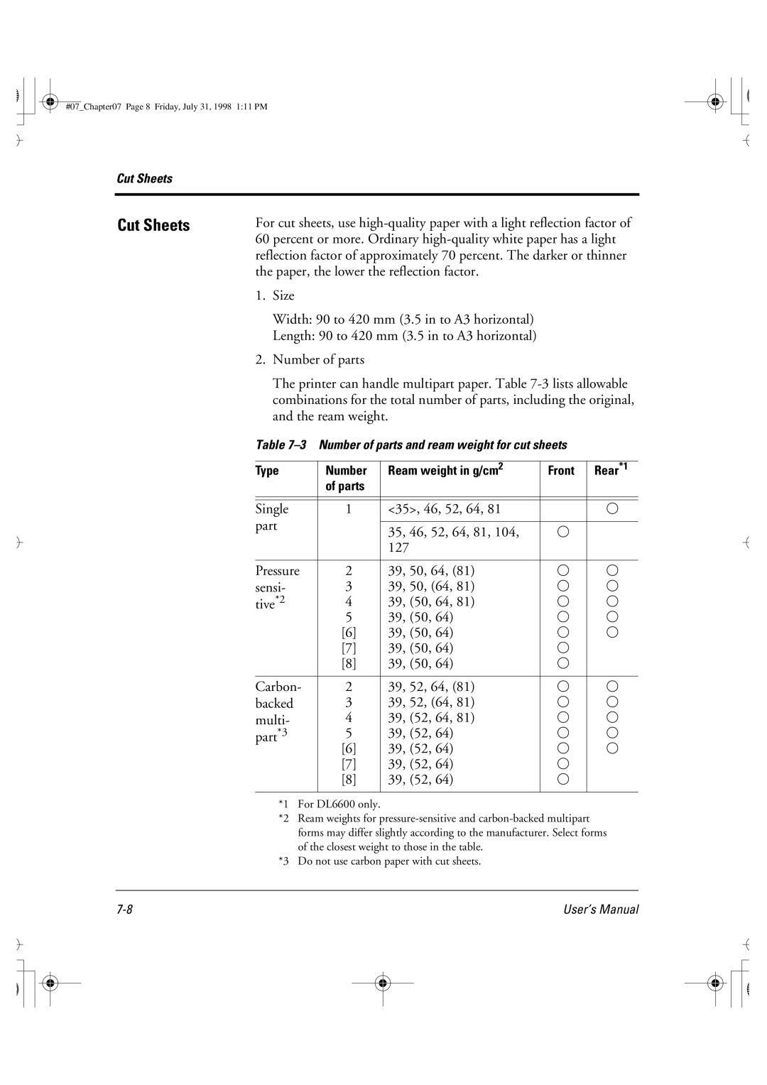 Fujitsu DL6400 manual Type Number Ream weight in g/cm Front 