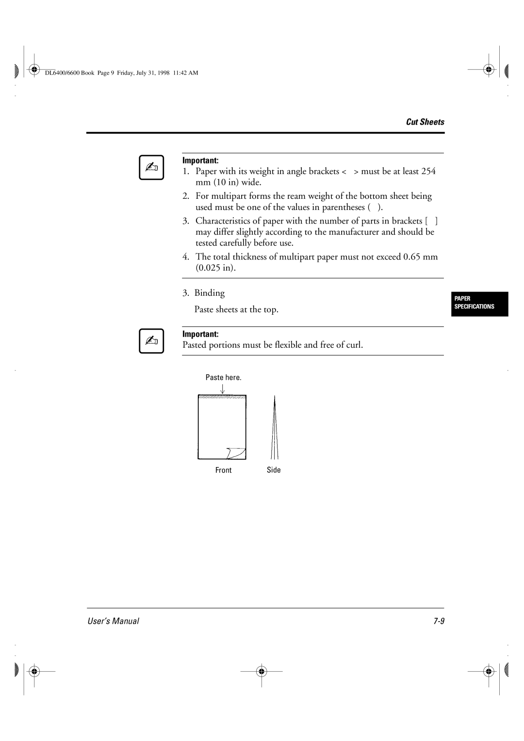 Fujitsu DL6400 manual Paste here FrontSide 