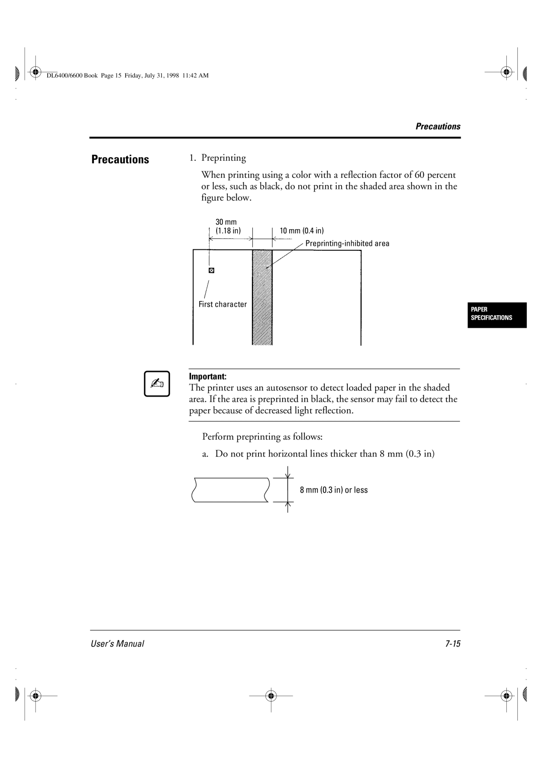 Fujitsu DL6400 manual Precautions, Preprinting 