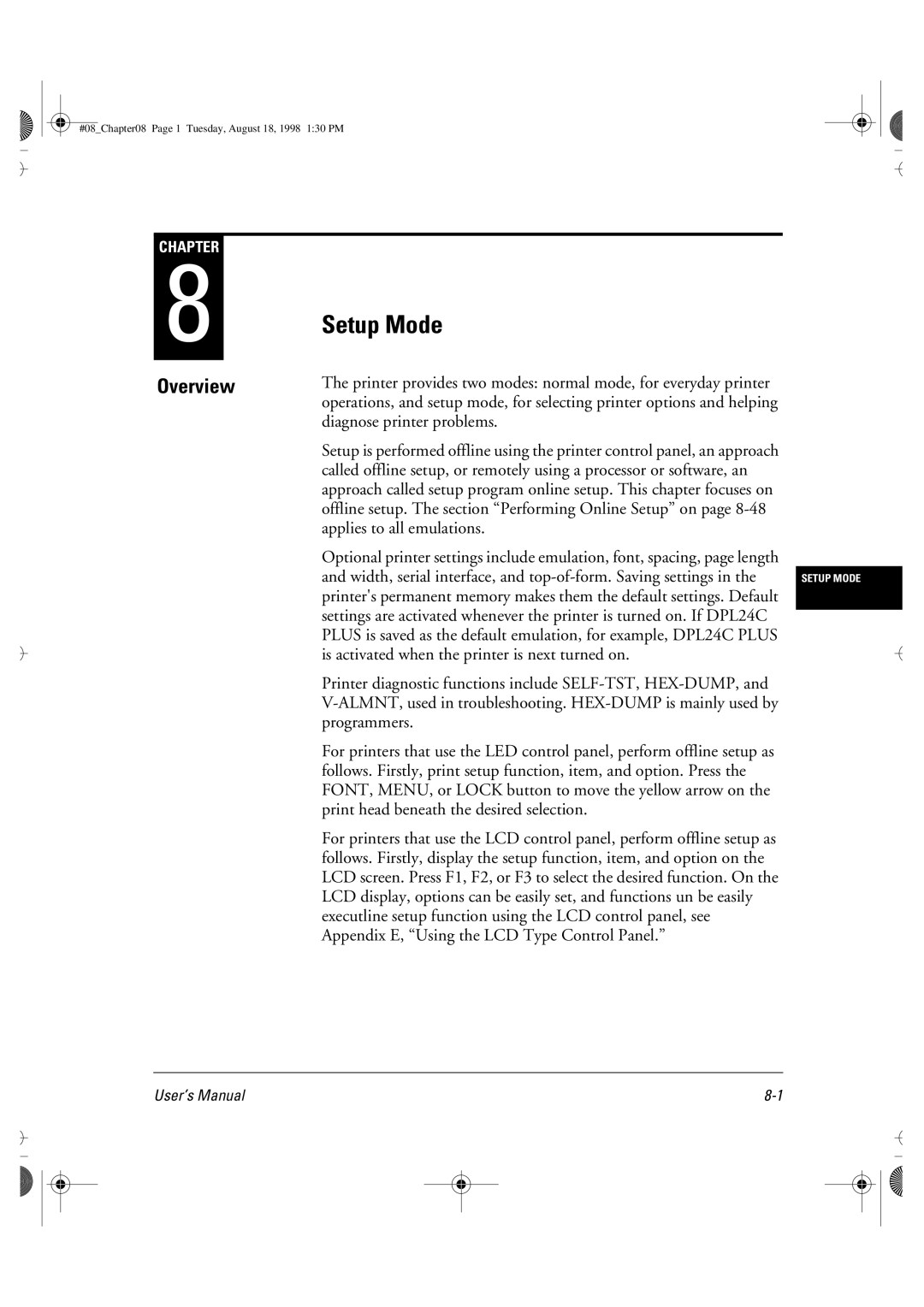 Fujitsu DL6400 manual Setup Mode, Overview 