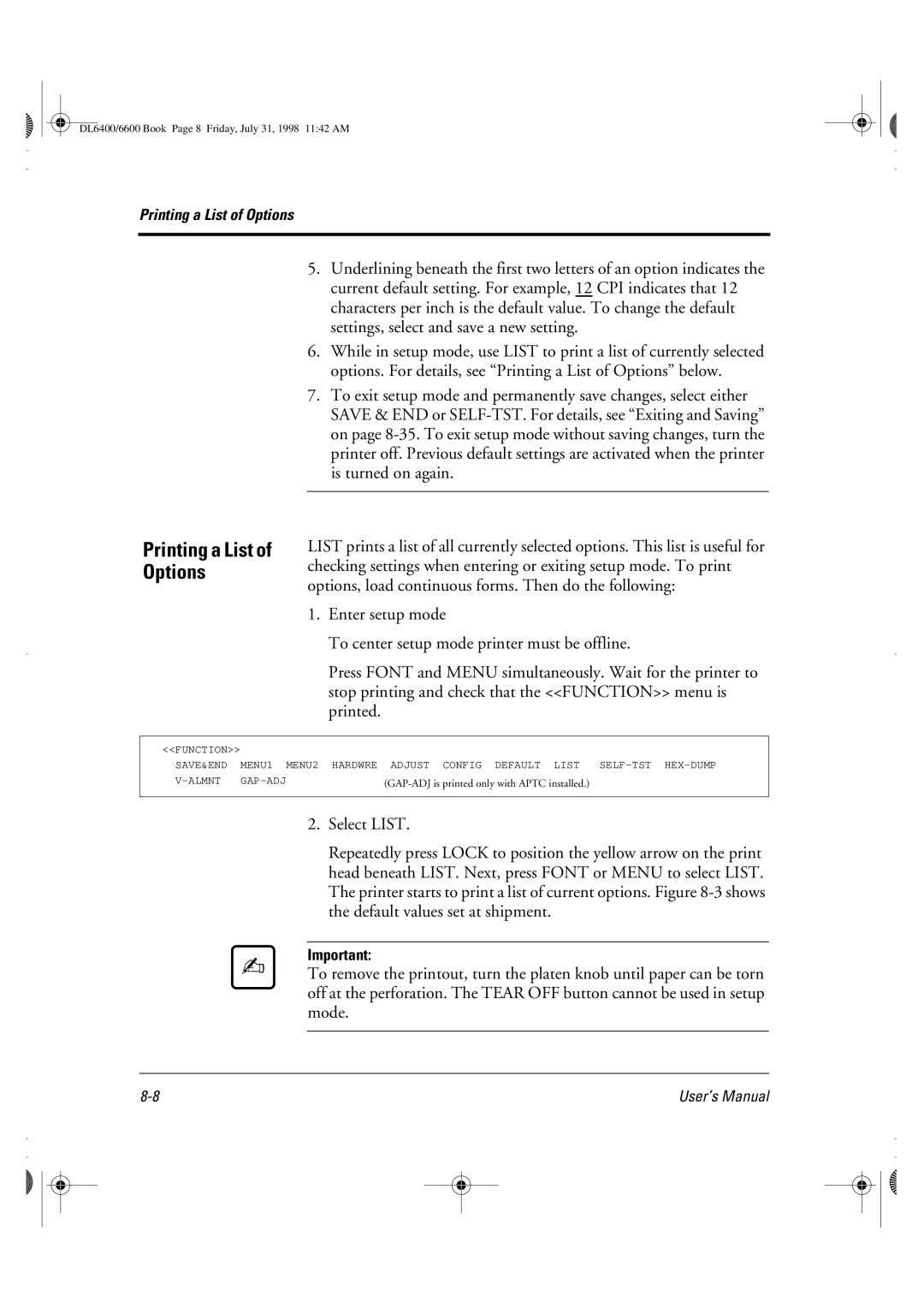 Fujitsu DL6400 manual Printing a List of Options 