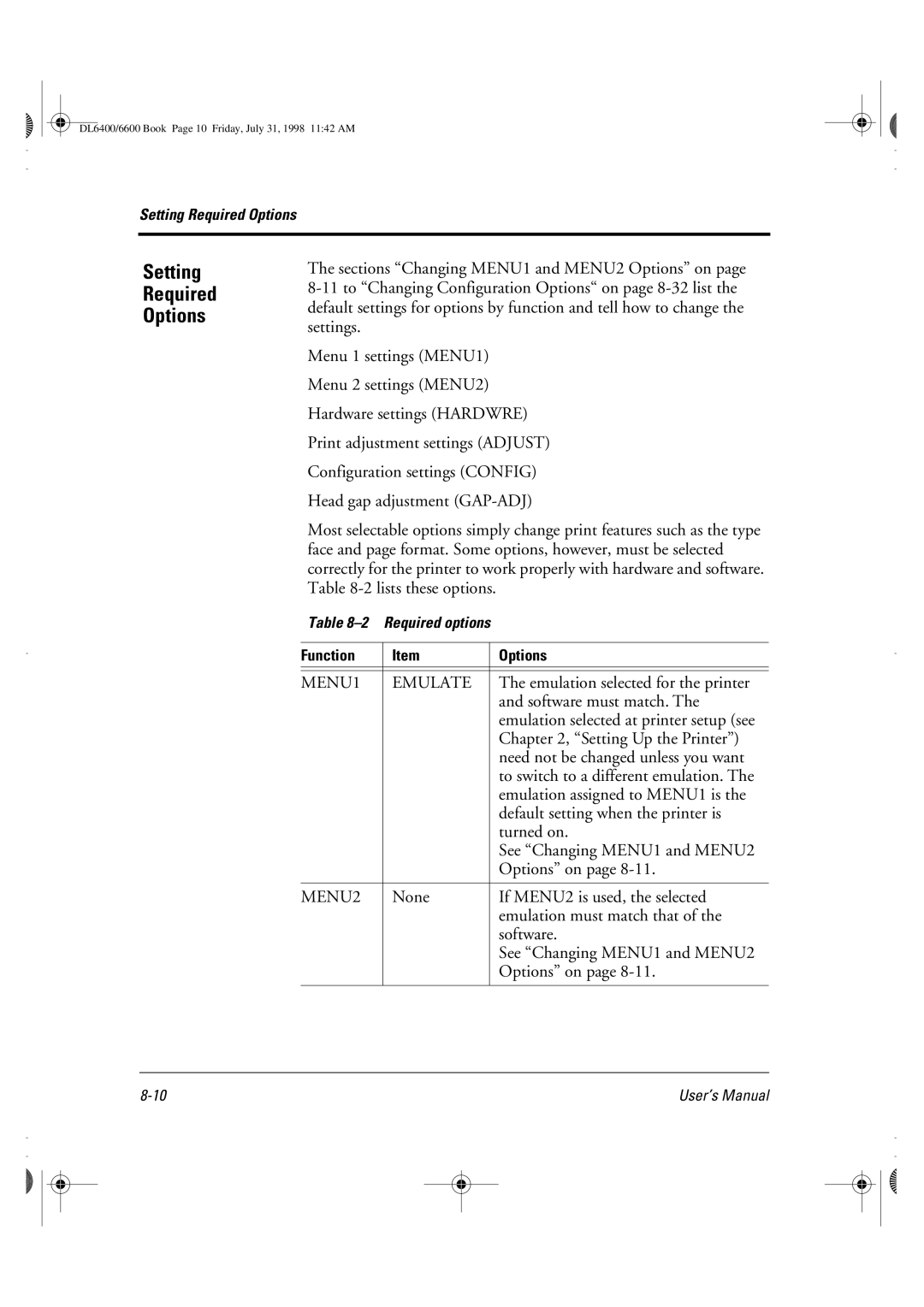 Fujitsu DL6400 manual Setting Required Options, MENU1 Emulate 