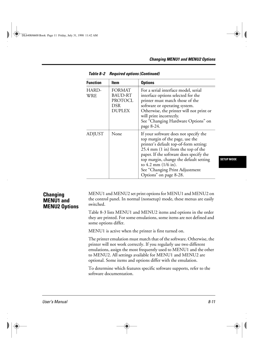 Fujitsu DL6400 manual Changing MENU1 MENU2 Options 