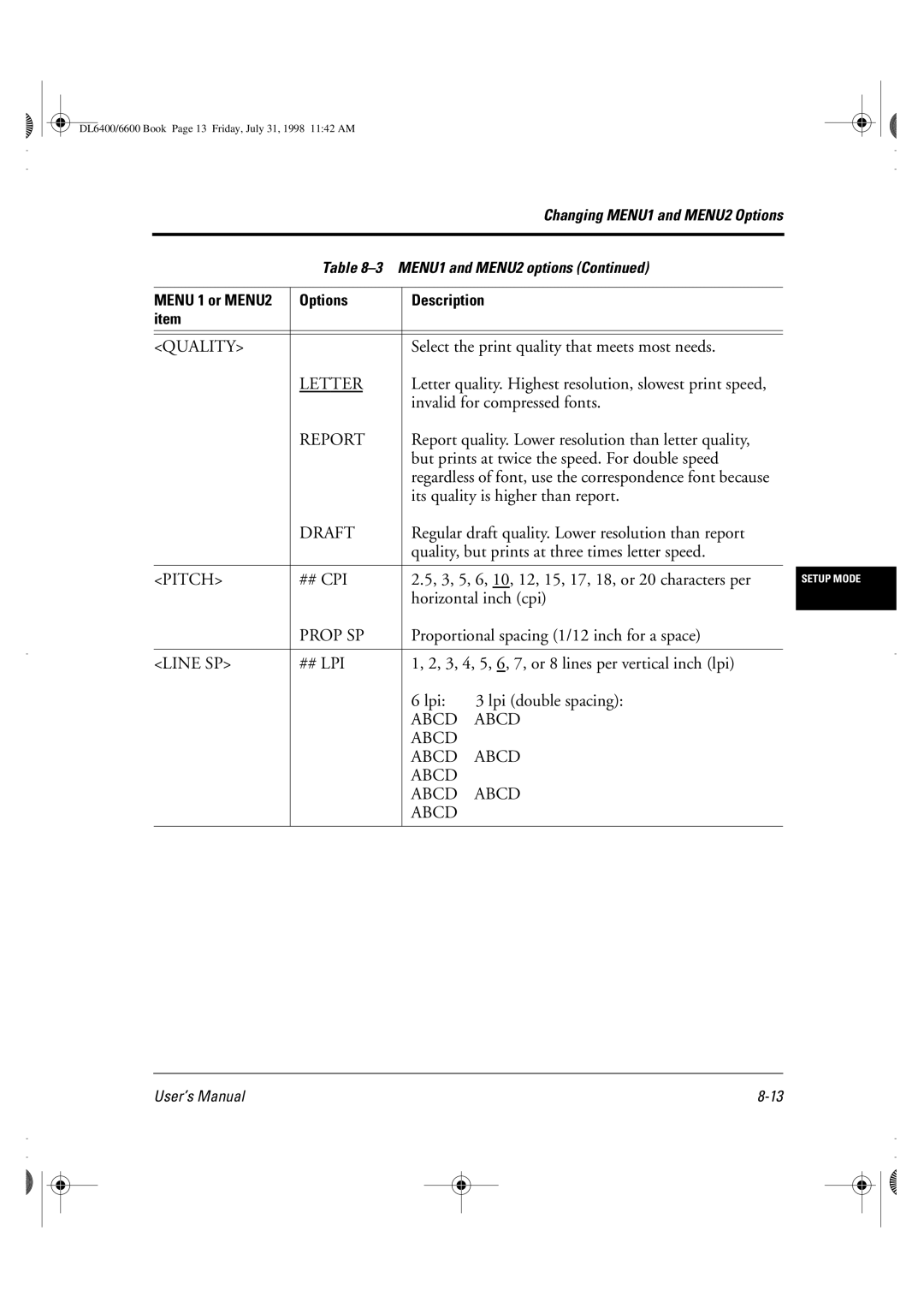 Fujitsu DL6400 manual Quality, Letter, Report, Draft, Pitch, Prop SP, Line SP, Abcd 