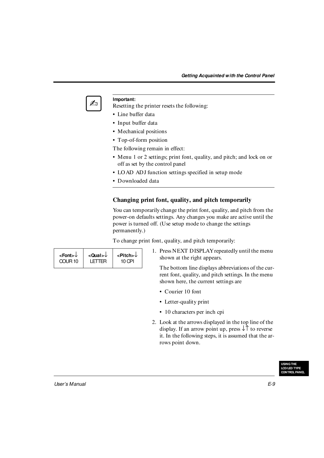 Fujitsu DL6600Pro, DL6400Pro user manual Changing print font, quality, and pitch temporarily 