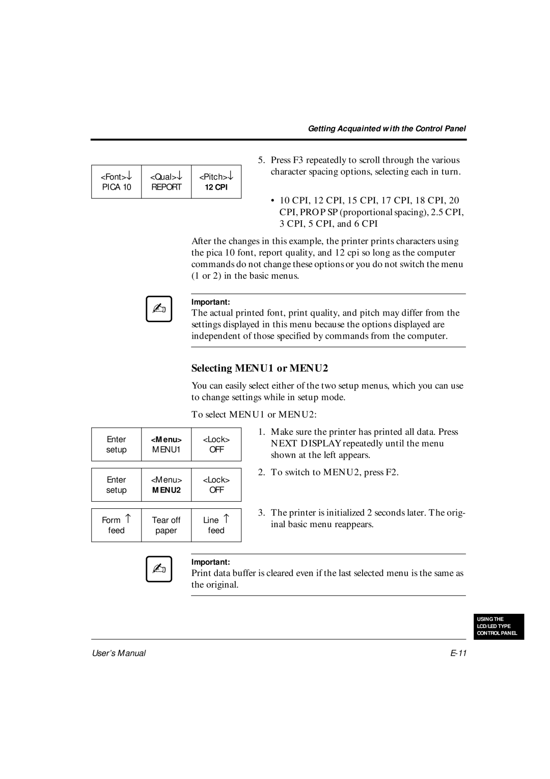 Fujitsu DL6600Pro, DL6400Pro user manual Selecting MENU1 or MENU2 