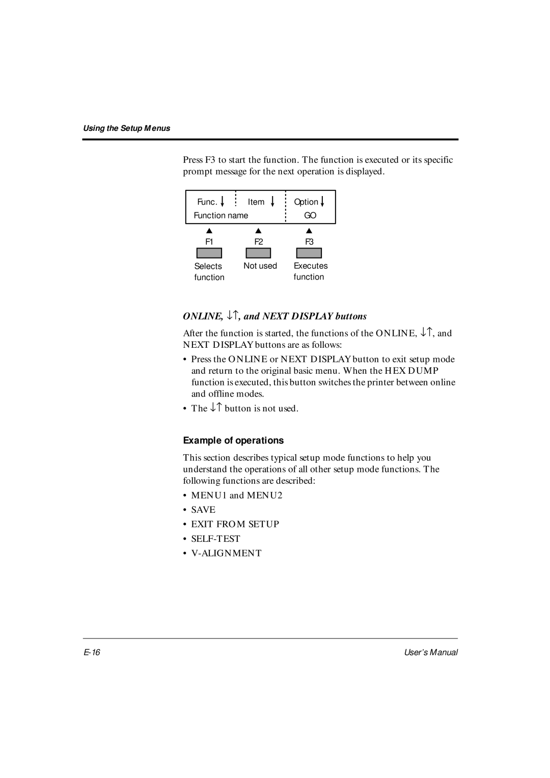 Fujitsu DL6400Pro, DL6600Pro user manual Example of operations, Save Exit from Setup SELF-TEST Alignment 