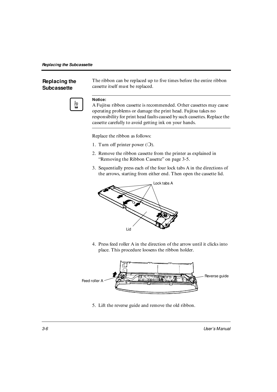 Fujitsu DL6400Pro, DL6600Pro user manual Replacing the Subcassette, Lift the reverse guide and remove the old ribbon 