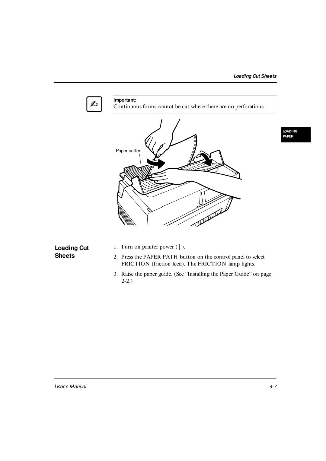 Fujitsu DL6600Pro Loading Cut Sheets, Turn on printer power, Raise the paper guide. See Installing the Paper Guide on 