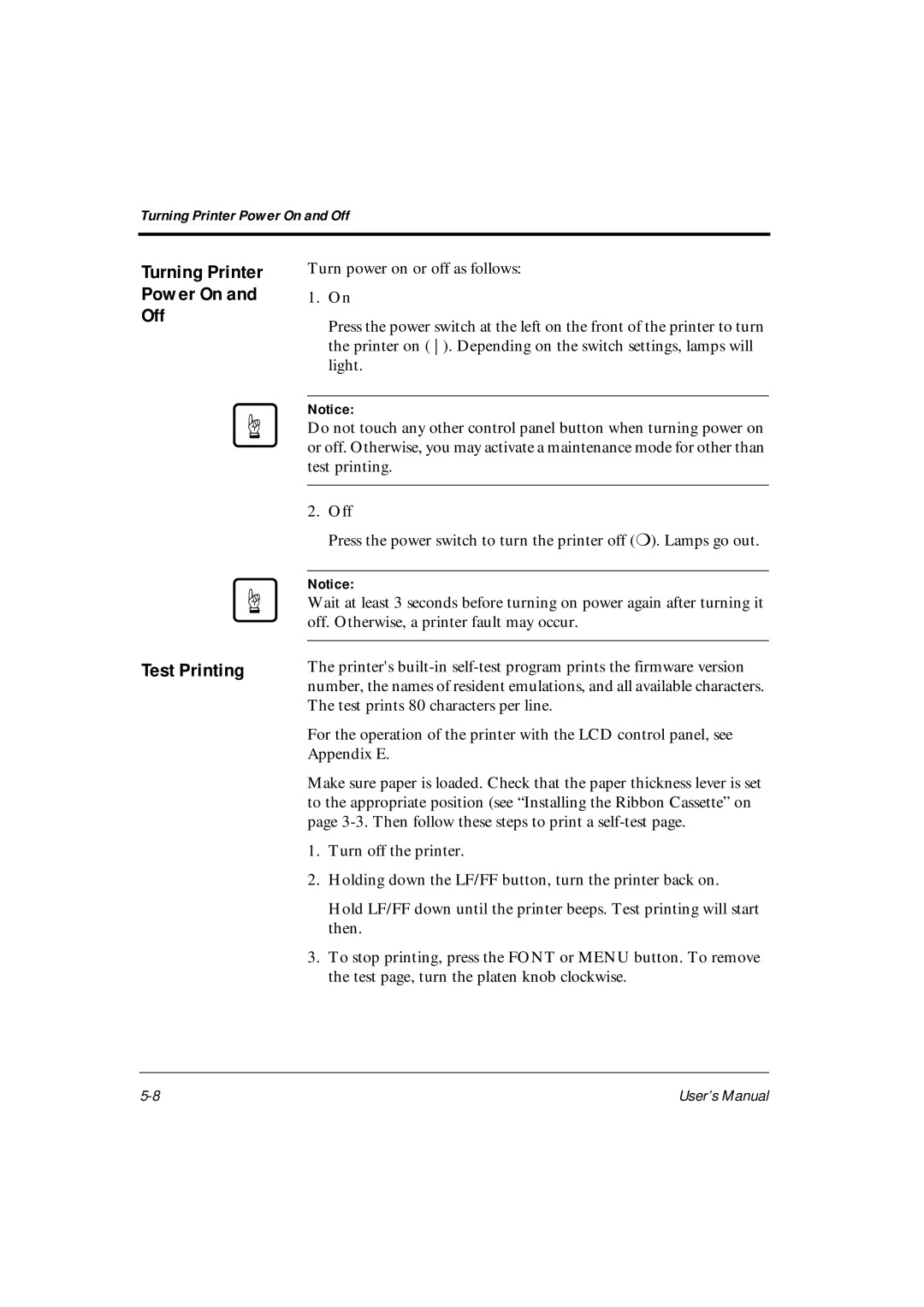 Fujitsu DL6400Pro, DL6600Pro user manual Turning Printer Power On Off Test Printing 