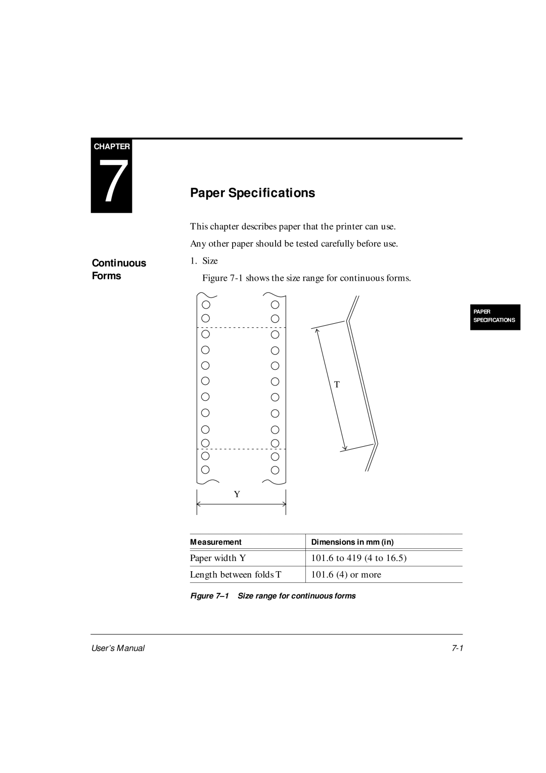 Fujitsu DL6600Pro, DL6400Pro user manual Paper Specifications, Shows the size range for continuous forms 