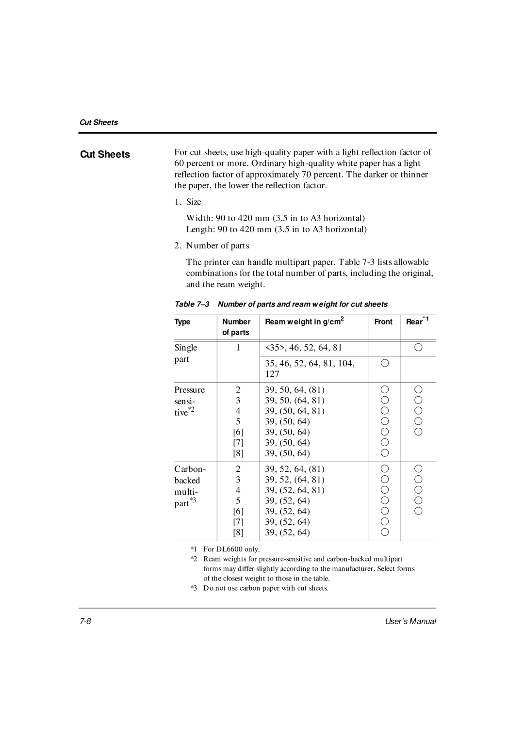 Fujitsu DL6400Pro, DL6600Pro user manual Type Number Ream weight in g/cm Front 