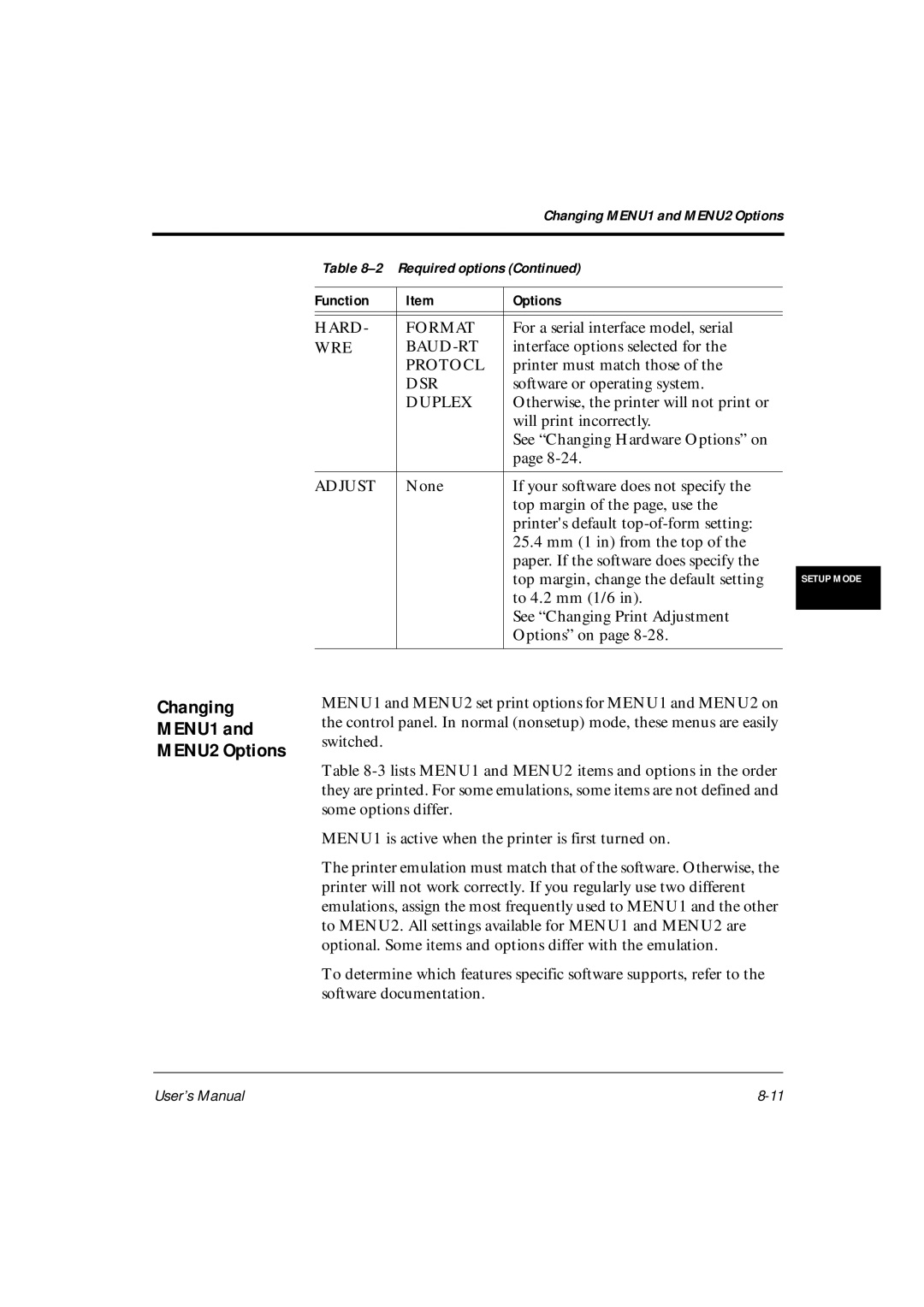 Fujitsu DL6600Pro, DL6400Pro user manual Changing MENU1 MENU2 Options 