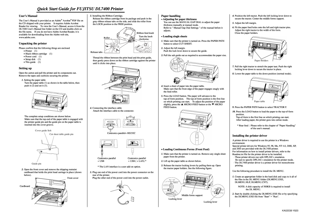 Fujitsu KA02038-Y820 user manual Quick Start Guide for FUJITSU DL7400 Printer, User’s Manual, Unpacking the printer 