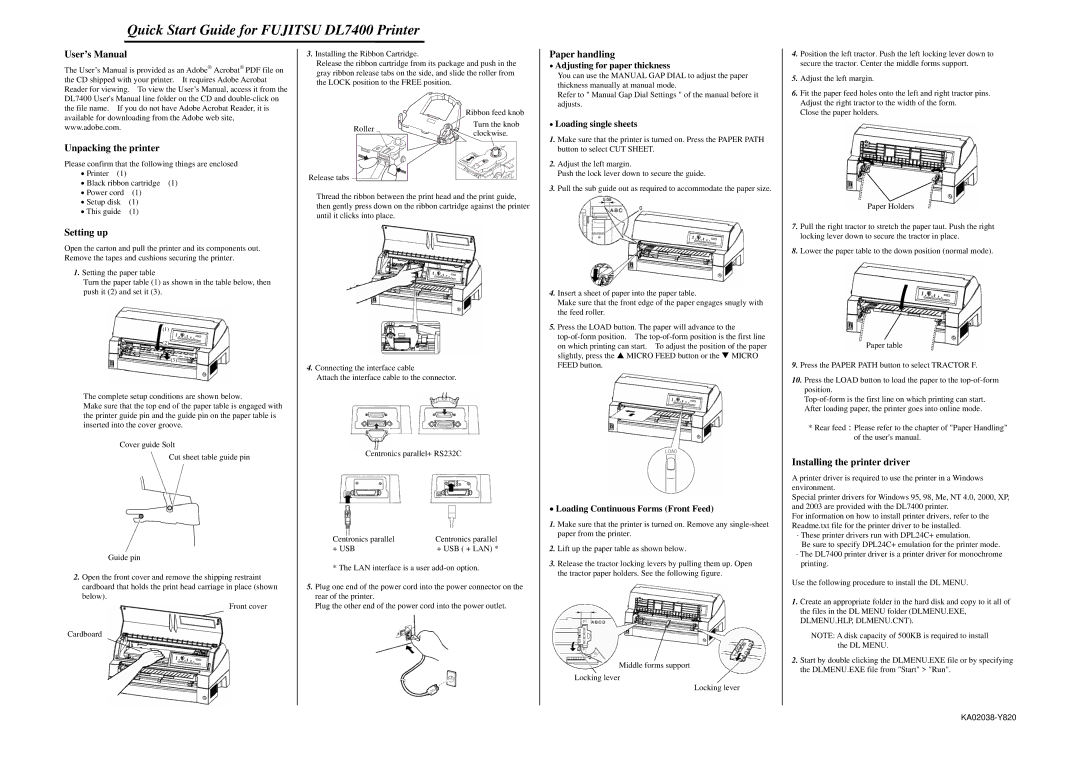 Fujitsu KA02038-Y820 user manual Quick Start Guide for Fujitsu DL7400 Printer, User’s Manual Unpacking the printer 