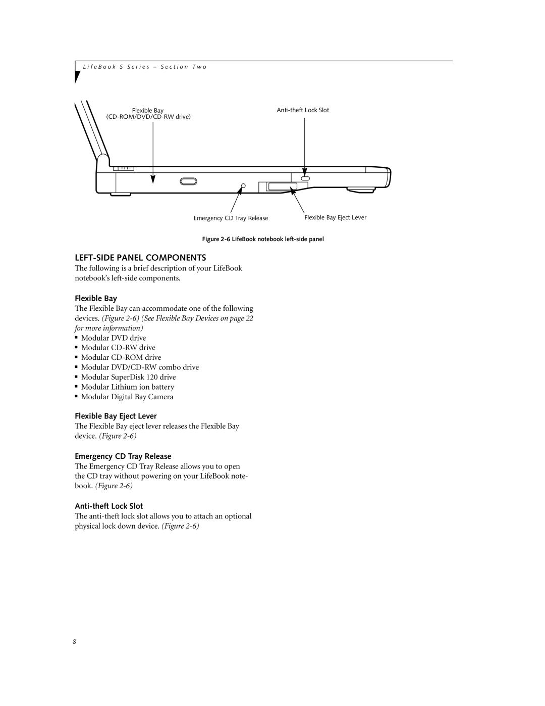 Fujitsu DVD Player manual LEFT-SIDE Panel Components, Flexible Bay Eject Lever, Emergency CD Tray Release 