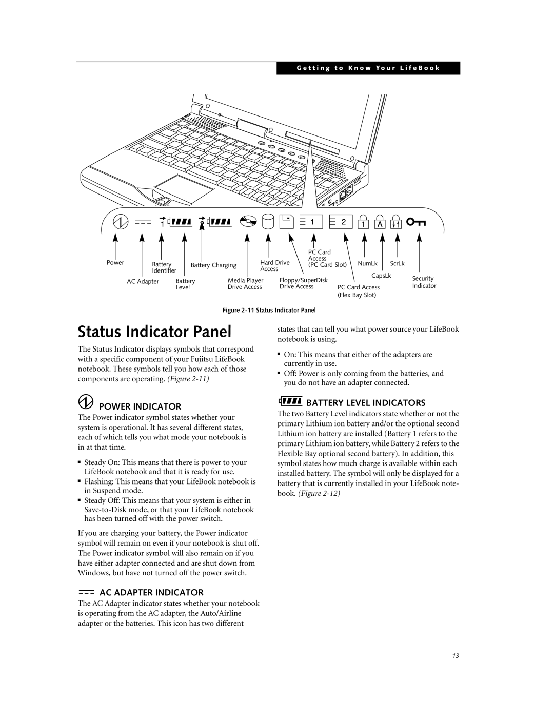 Fujitsu DVD Player manual Status Indicator Panel, Power Indicator, AC Adapter Indicator, Battery Level Indicators 