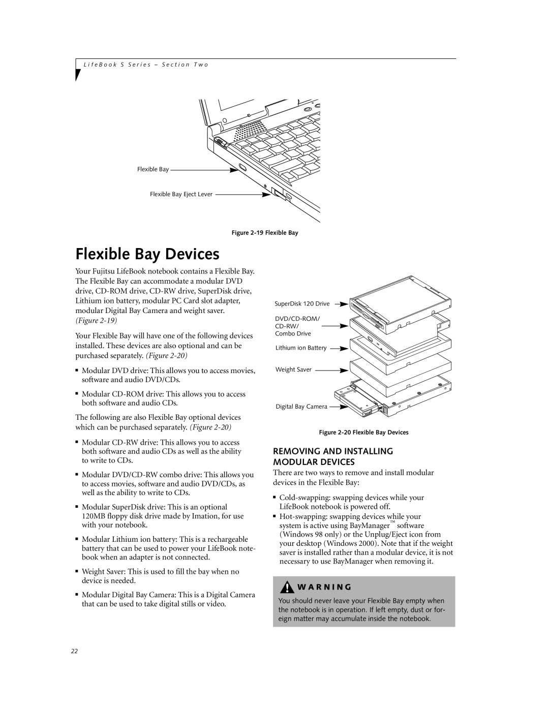 Fujitsu DVD Player manual Flexible Bay Devices, Removing and Installing Modular Devices 